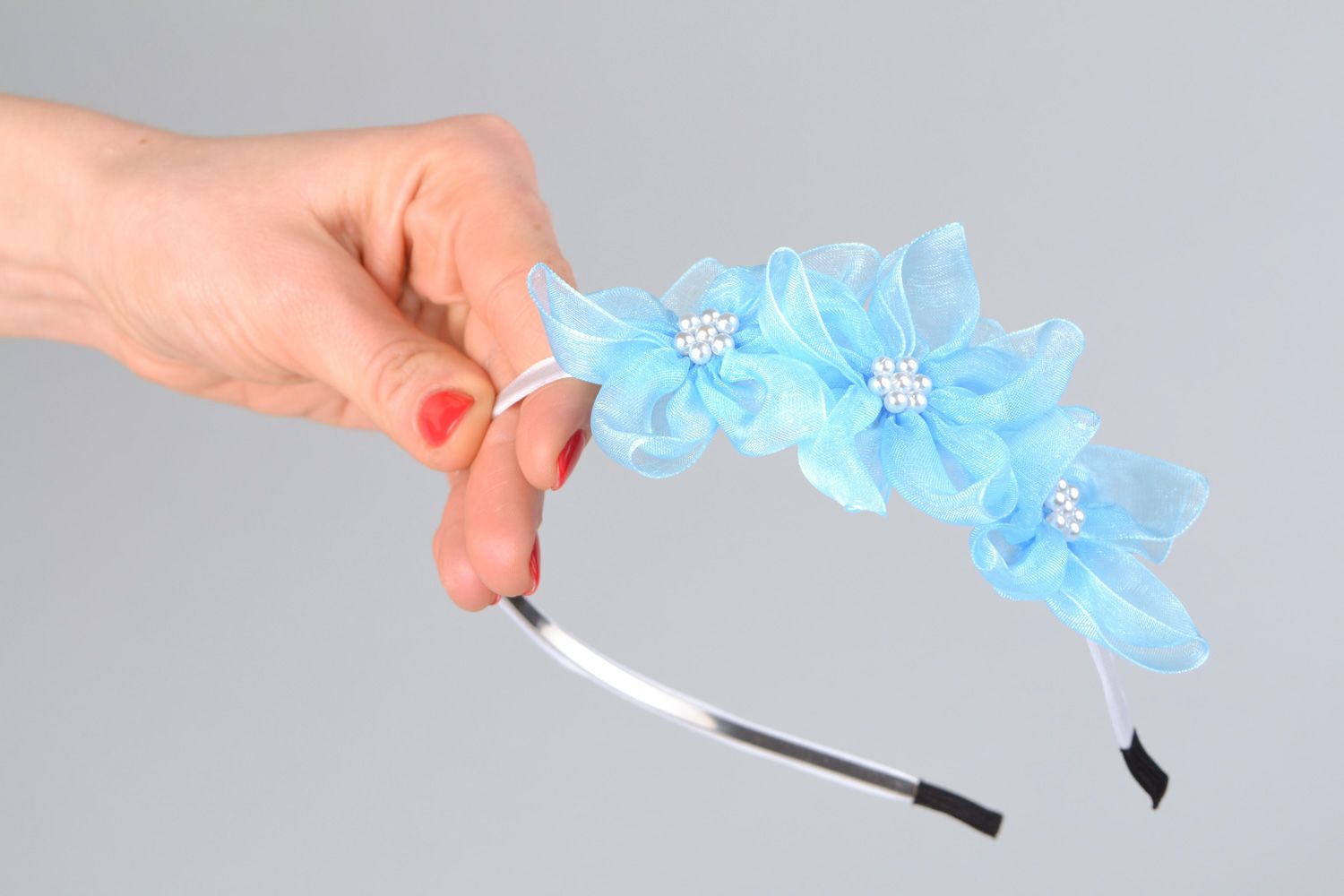 Serre-tête femme bleu ciel fait main avec fleurs en organza joli accessoire  photo 2