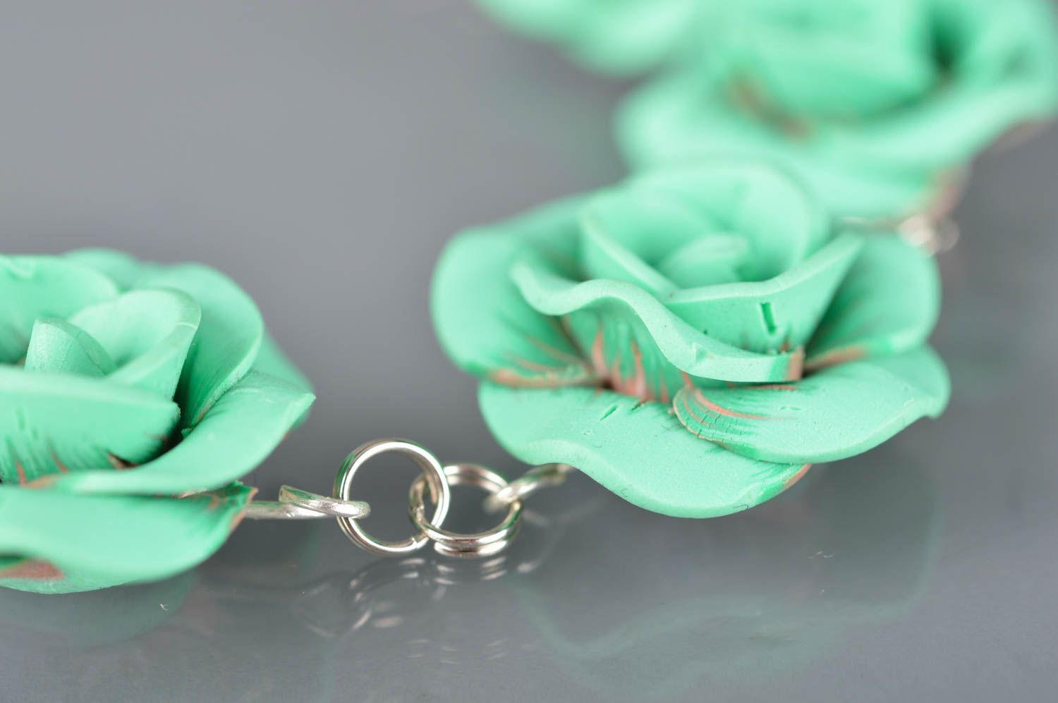 Beautiful handmade women's polymer clay flower bracelet with mint colored roses photo 4