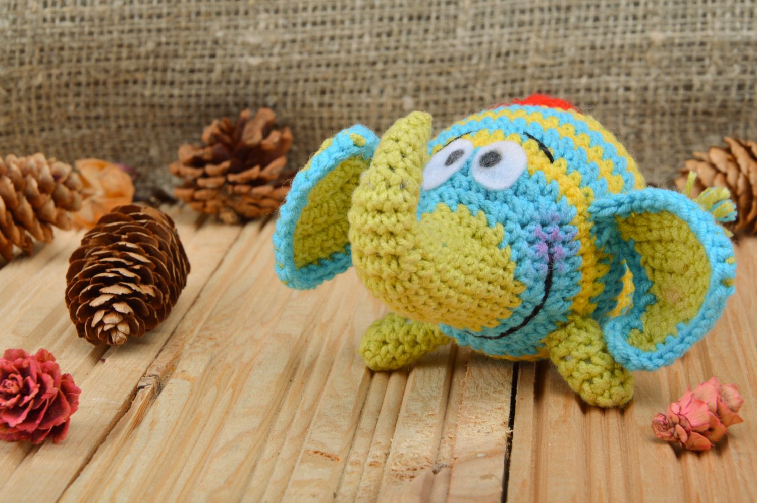 Handmade children's soft toy crochet of half-woolen threads Elephant with Heart photo 1