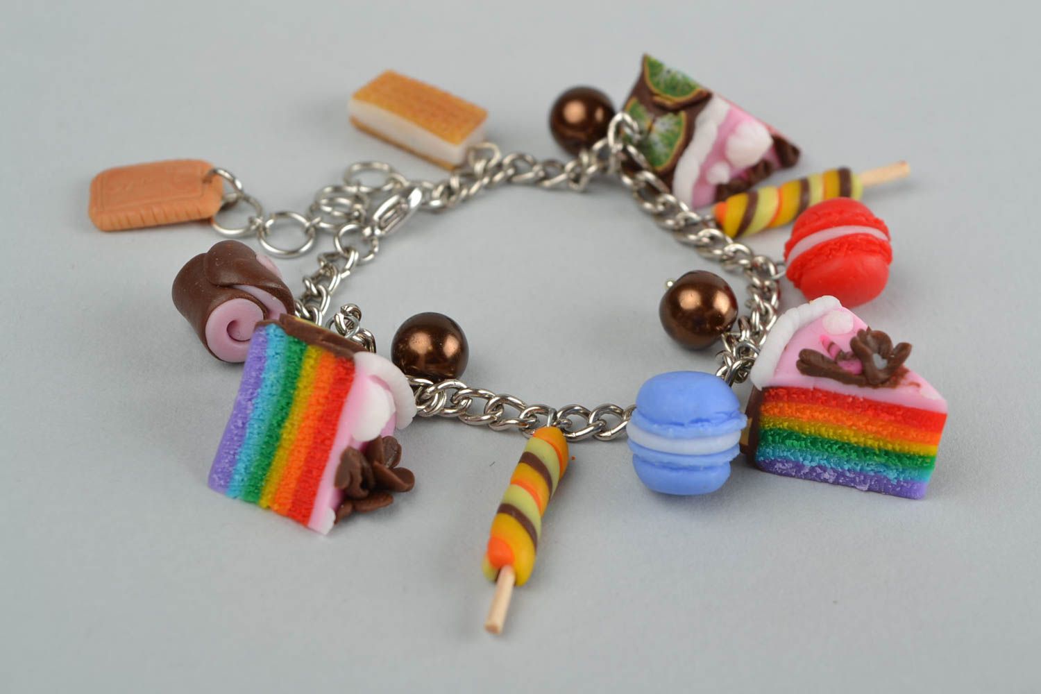Bright homemade kids wrist bracelet on metal chain with cookies beads photo 1