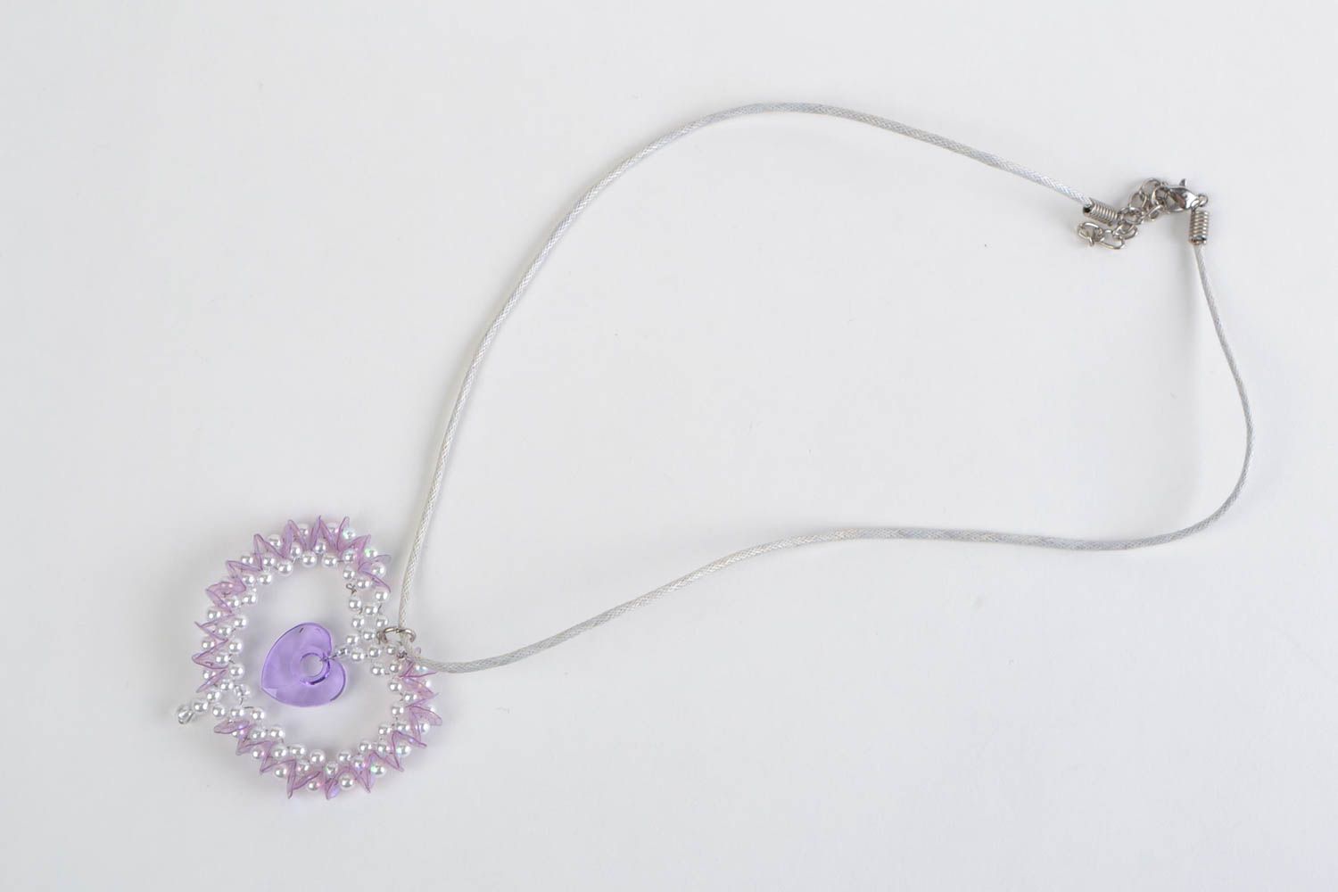 Handmade large pendant made of beads and sequins of lilac color on waxed cord photo 3