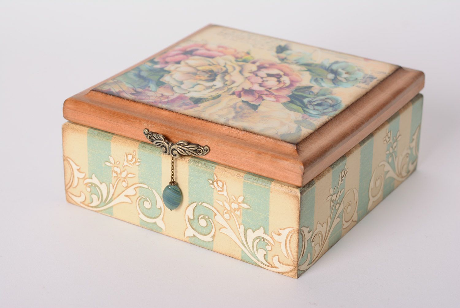 Handmade decoupage wooden jewelry box with natural stone photo 1