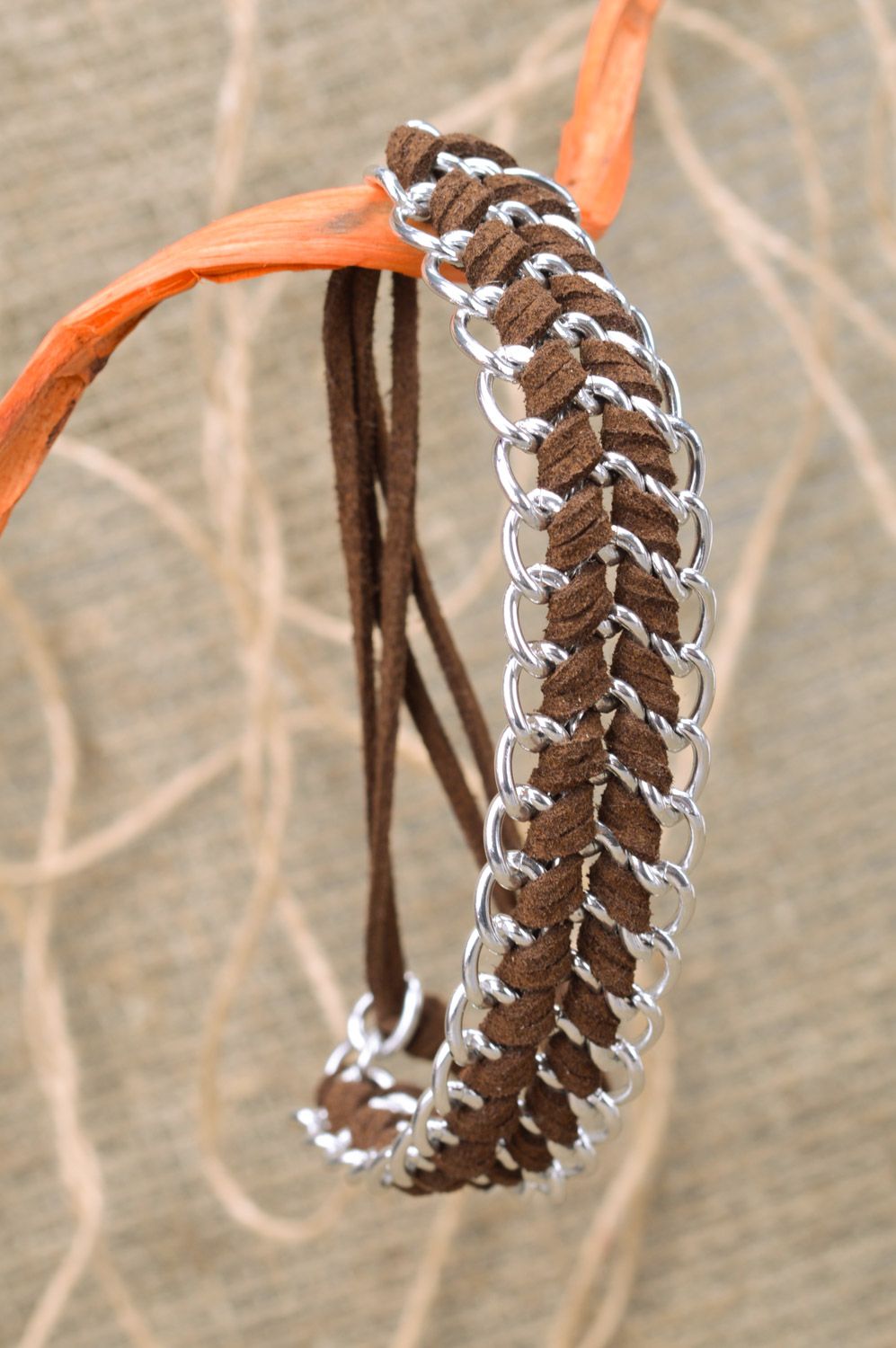 Handmade brown woven genuine leather wrist bracelet with metal chain photo 1