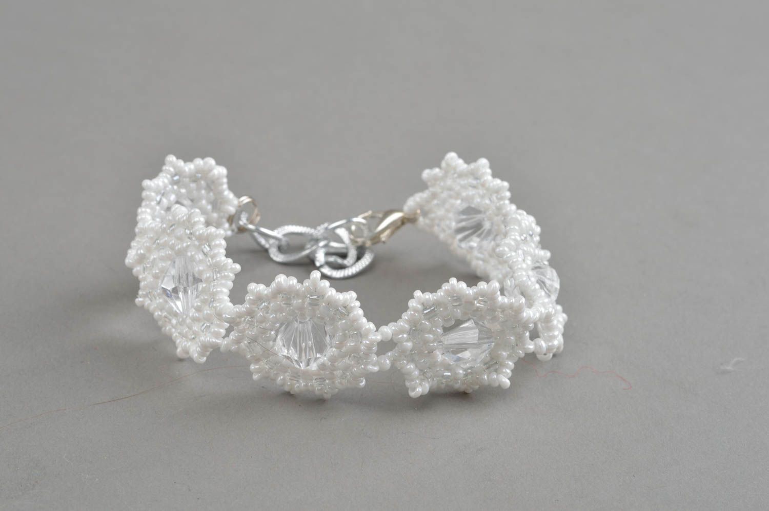 Openwork white bracelet designer unusual jewelry handmade beaded accessory photo 3