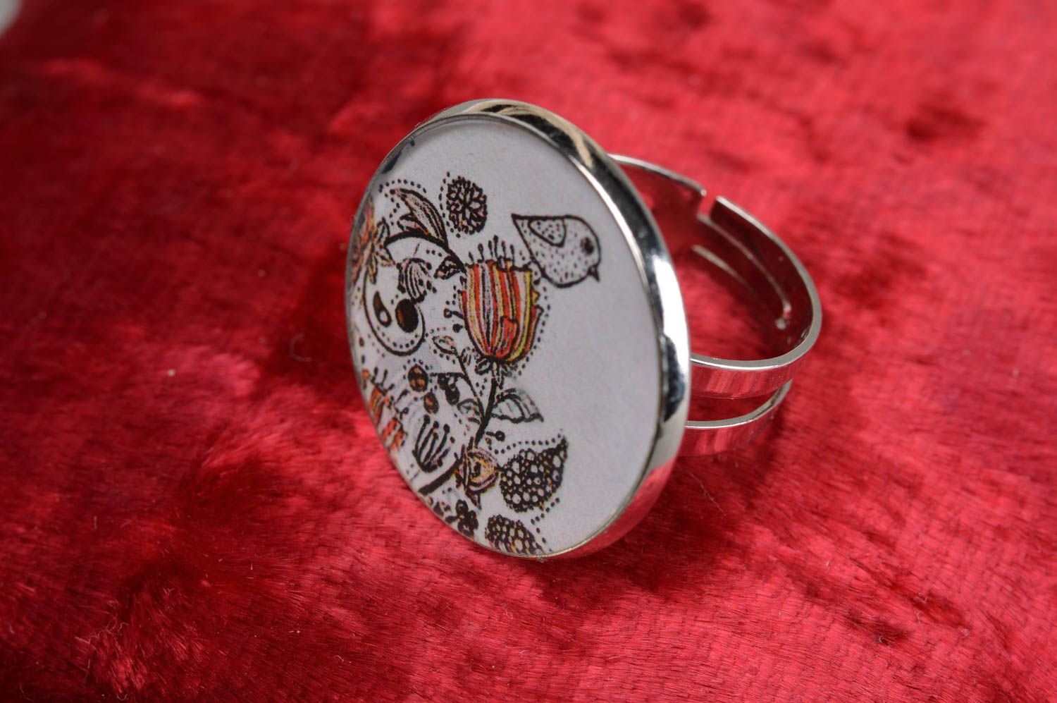 Handmade round decoupage jewelry ring with jewelry resin and metal basis photo 1