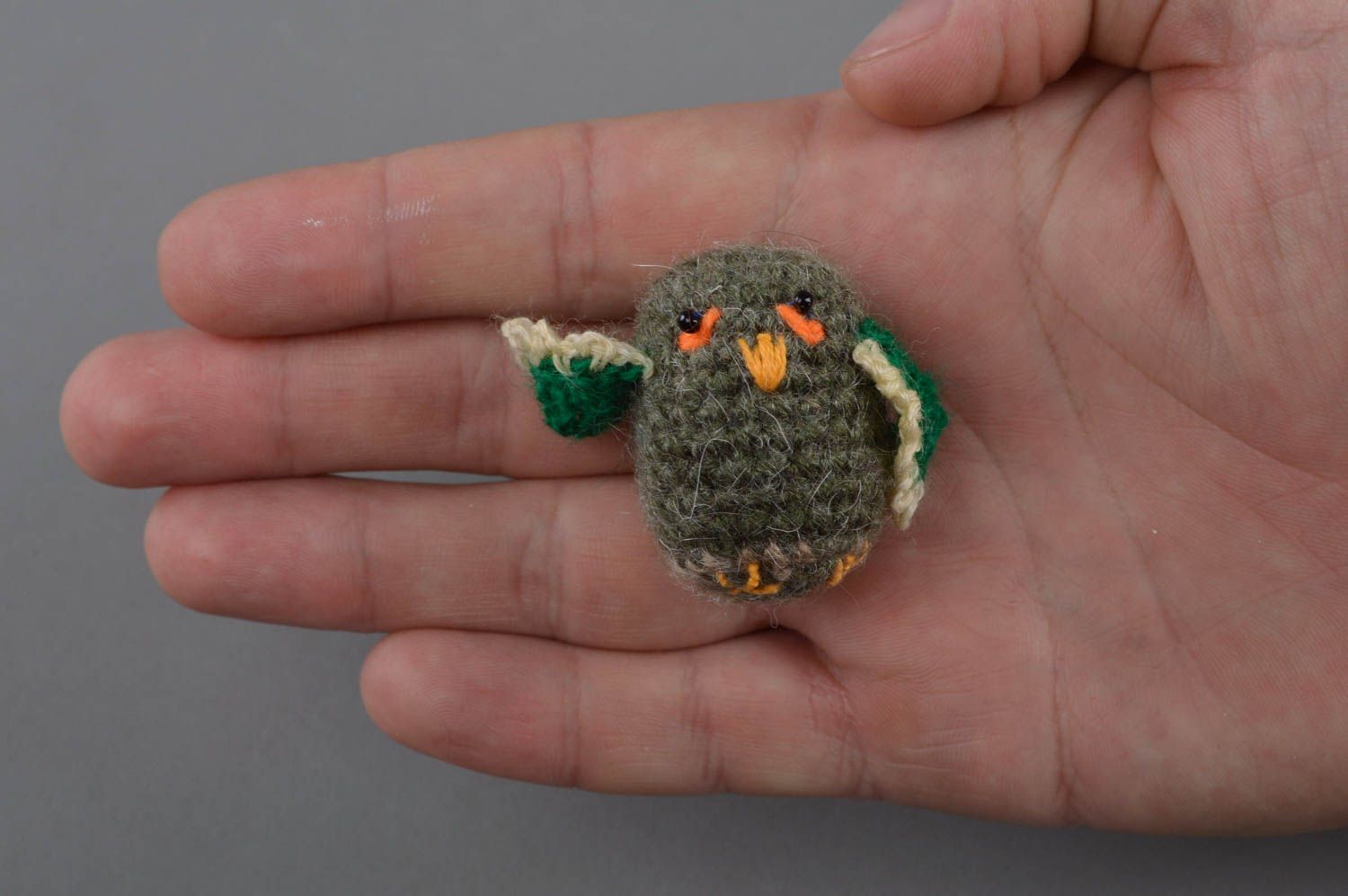 Beautiful handmade tiny crochet soft toy owl of green color for children photo 4