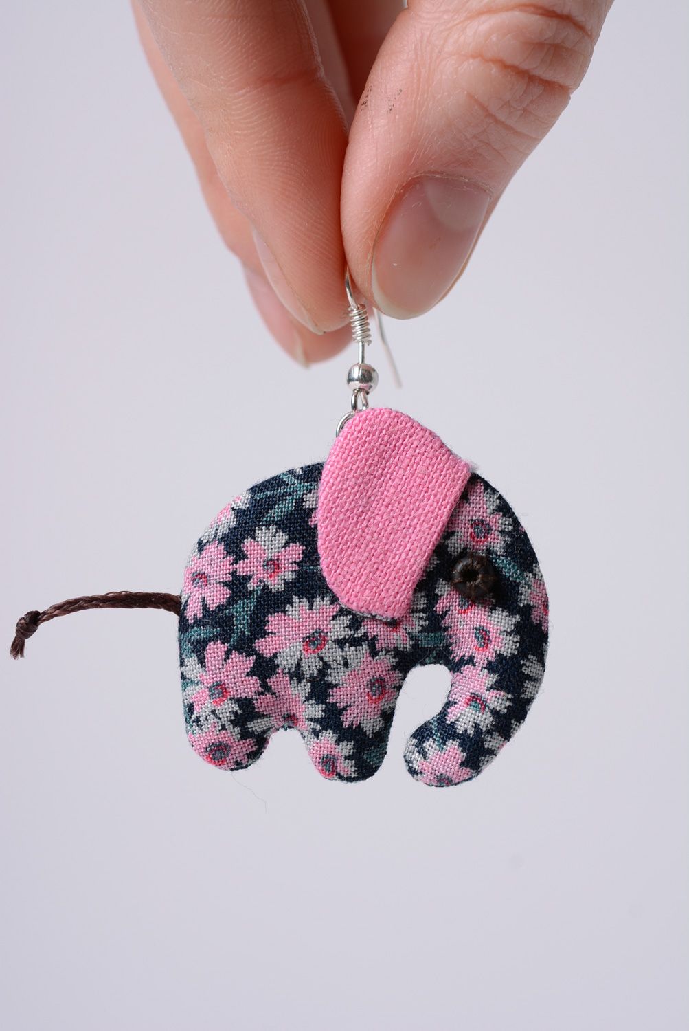 Handmade textile dangle earrings in the shape of elephants photo 3