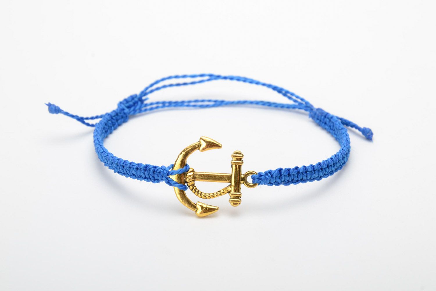 Handmade blue macrame woven cord bracelet with anchor charm photo 5