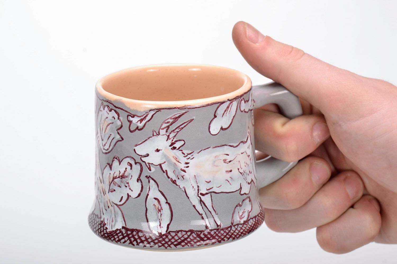 Clay glazed porcelain grey, cherry, white cup with goat pattern photo 5