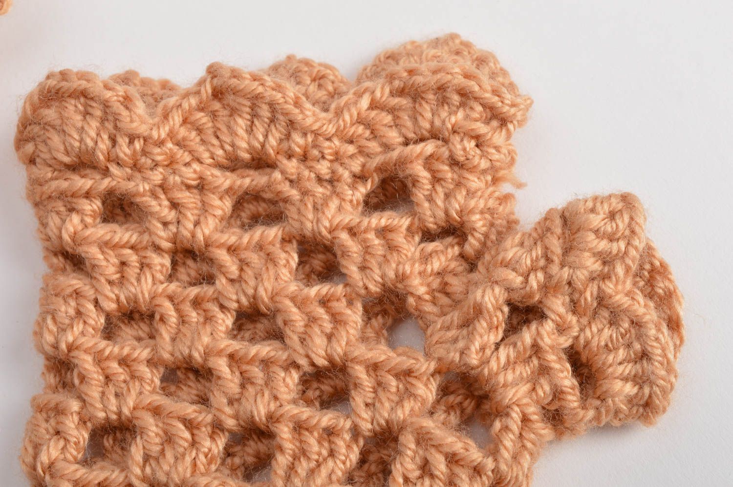 Beautiful handmade women's crochet lace mittens of peach color half woolen photo 4