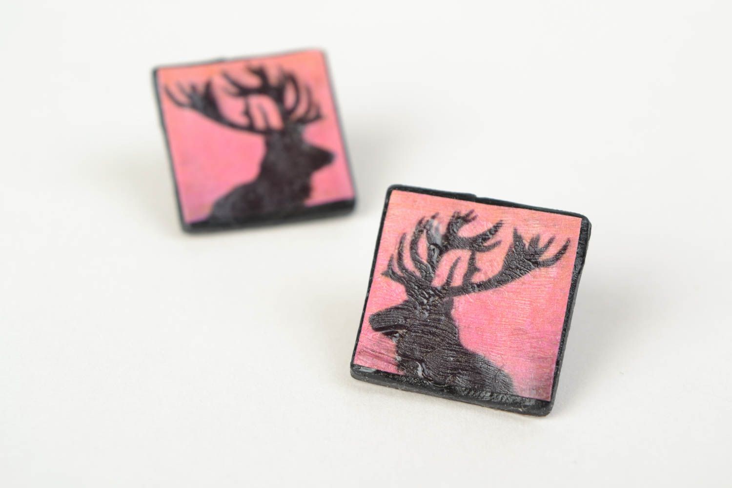 Handmade square earrings with deer print made of polymer clay stylish accessory photo 3