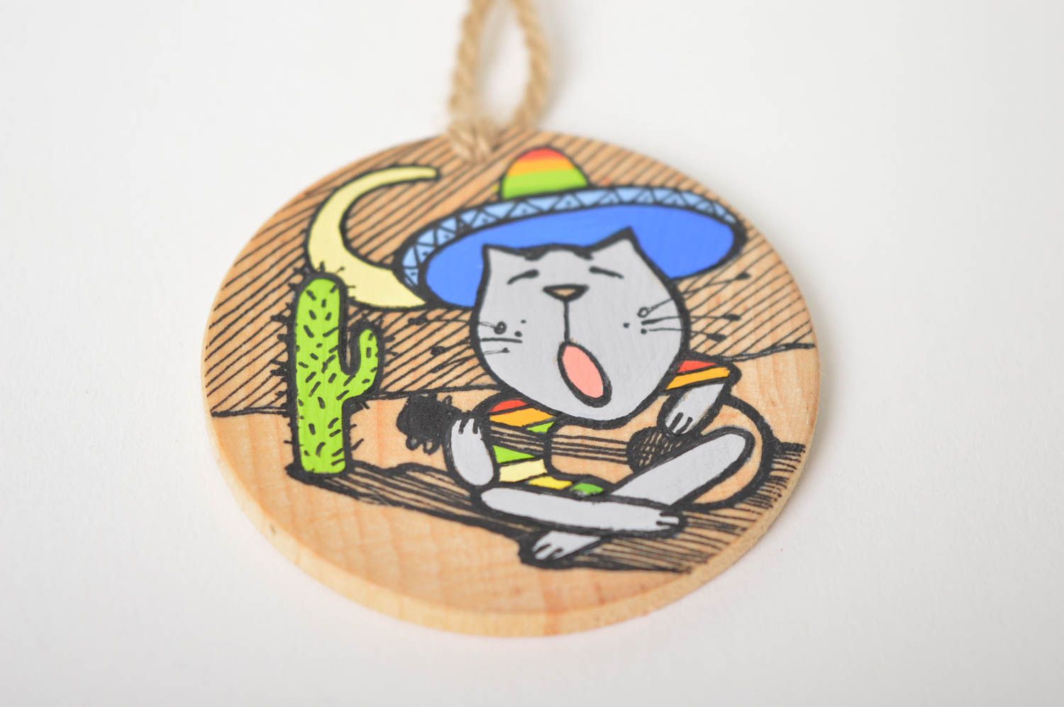 Handmade wooden pendant wooden accessories painted pendant with cat girls gift photo 5