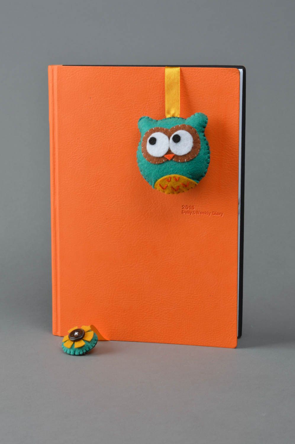 Handmade designer yellow ribbon bookmark with soft toy charm green felt owl photo 2