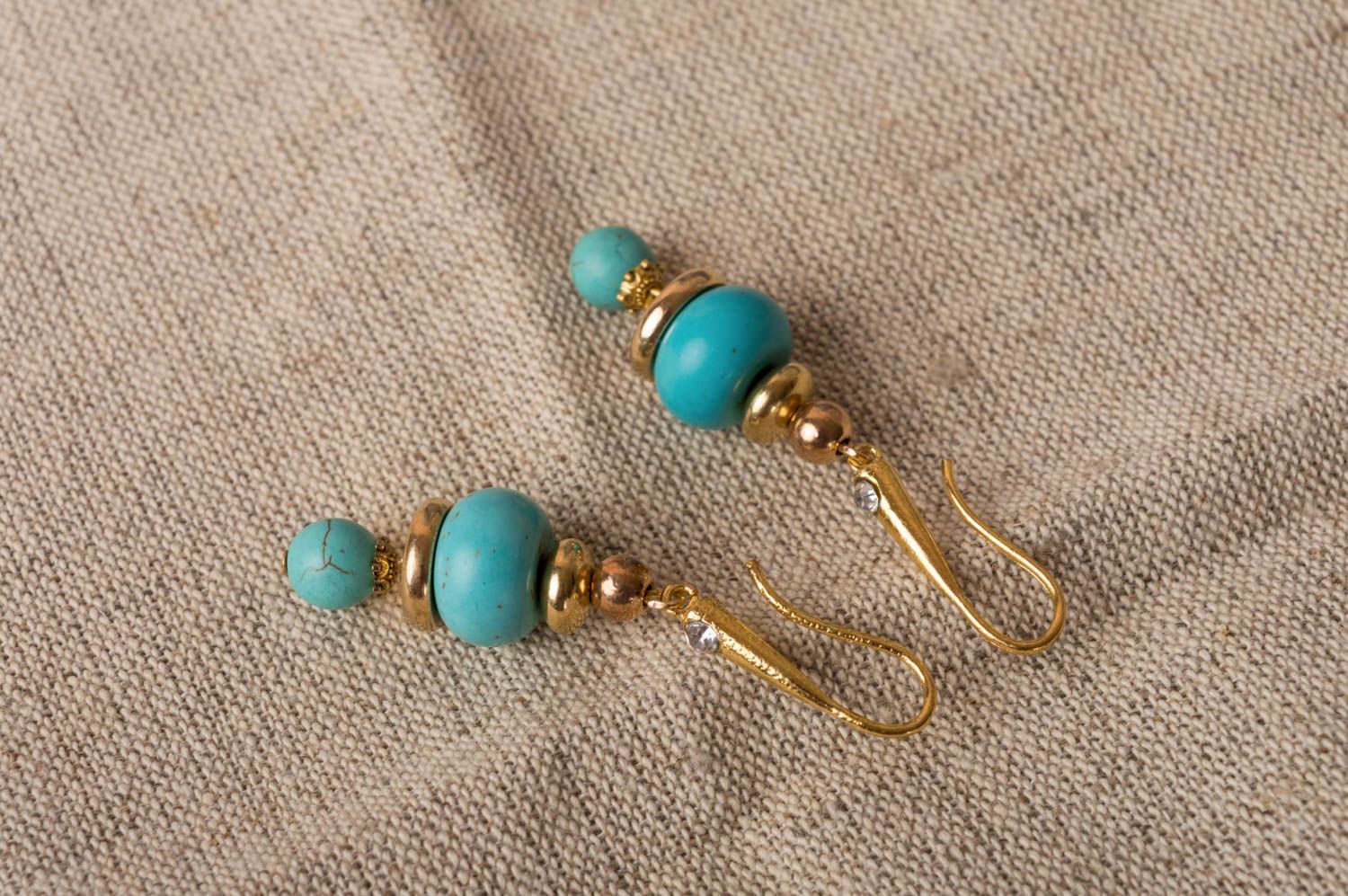 Beautiful elegant handmade designer brass earrings with turquoise natural stone photo 1