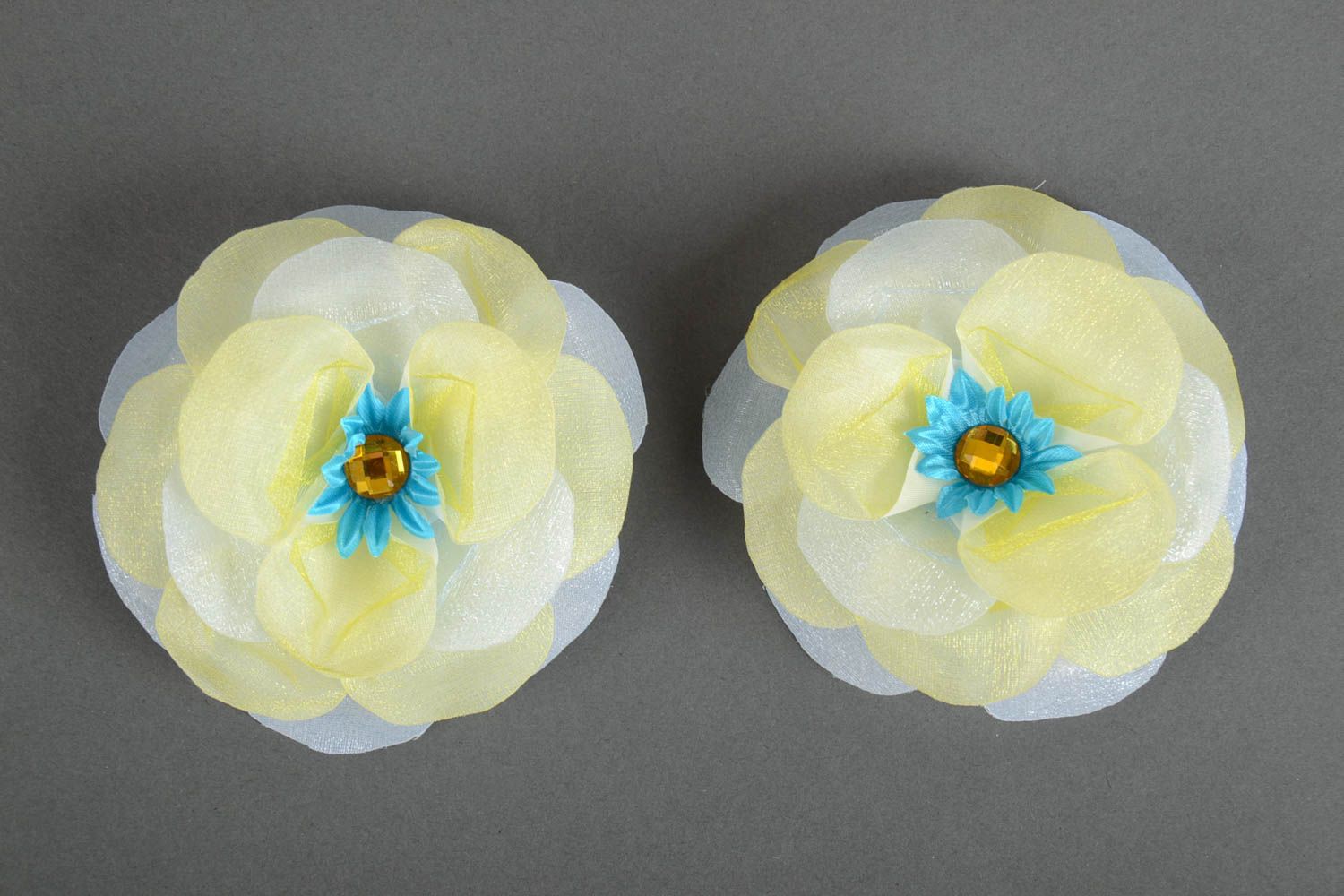 Set of 2 handmade designer hair clips with small light organza flowers for girls photo 4