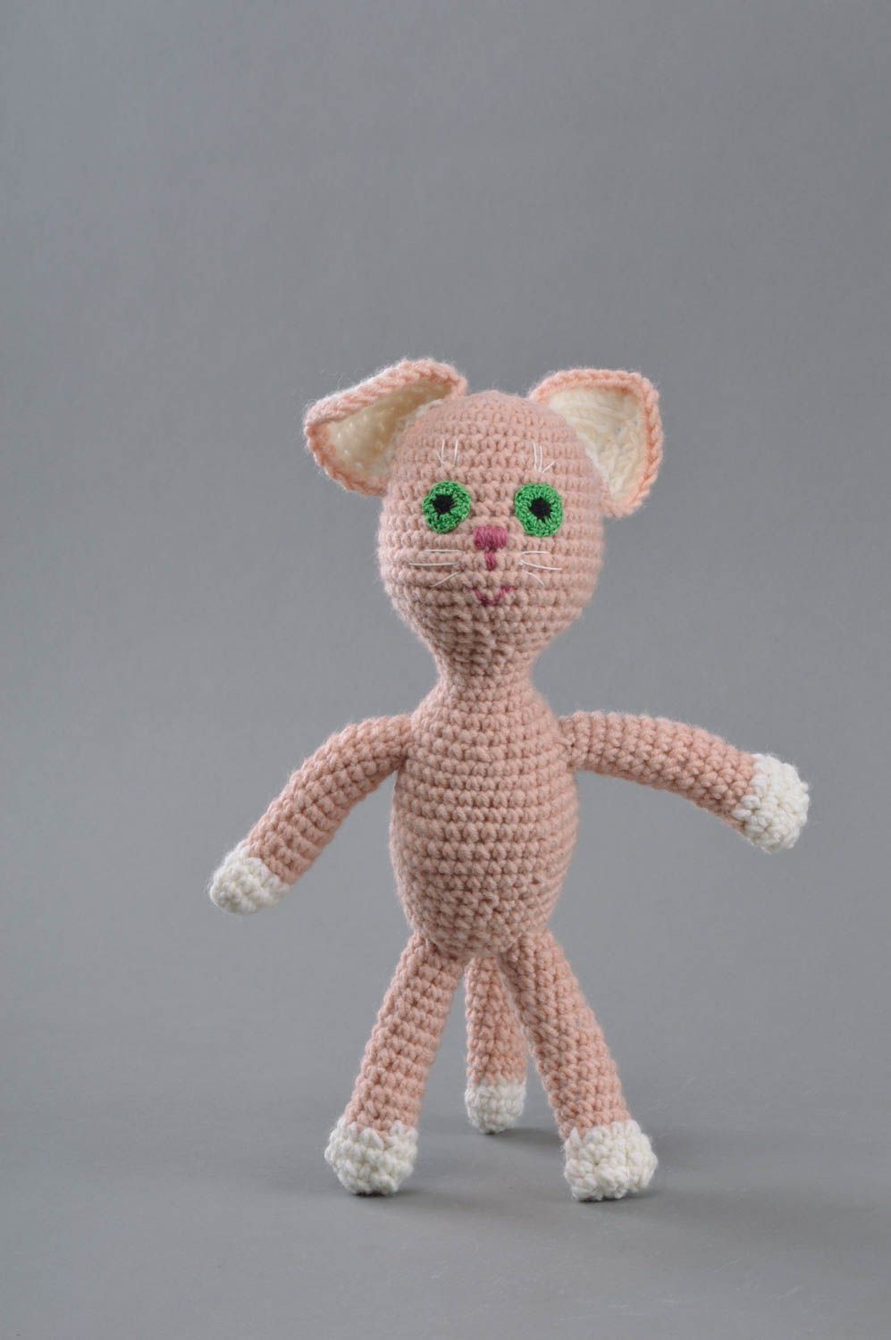 Soft crocheted pink-white cat little funny handmade toy present for children photo 1
