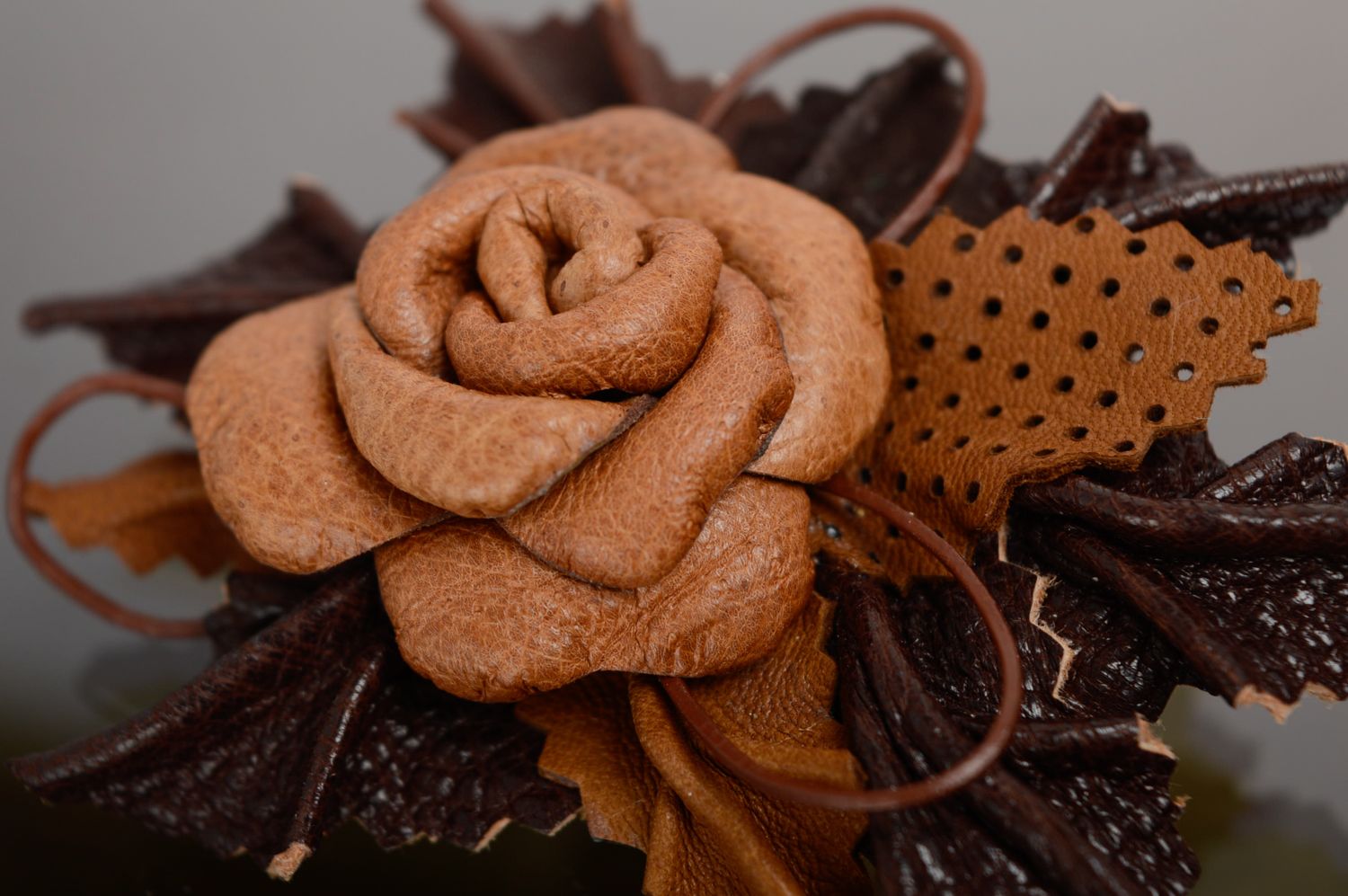 Handmade genuine leather brooch-hair clip Coffee Rose photo 3