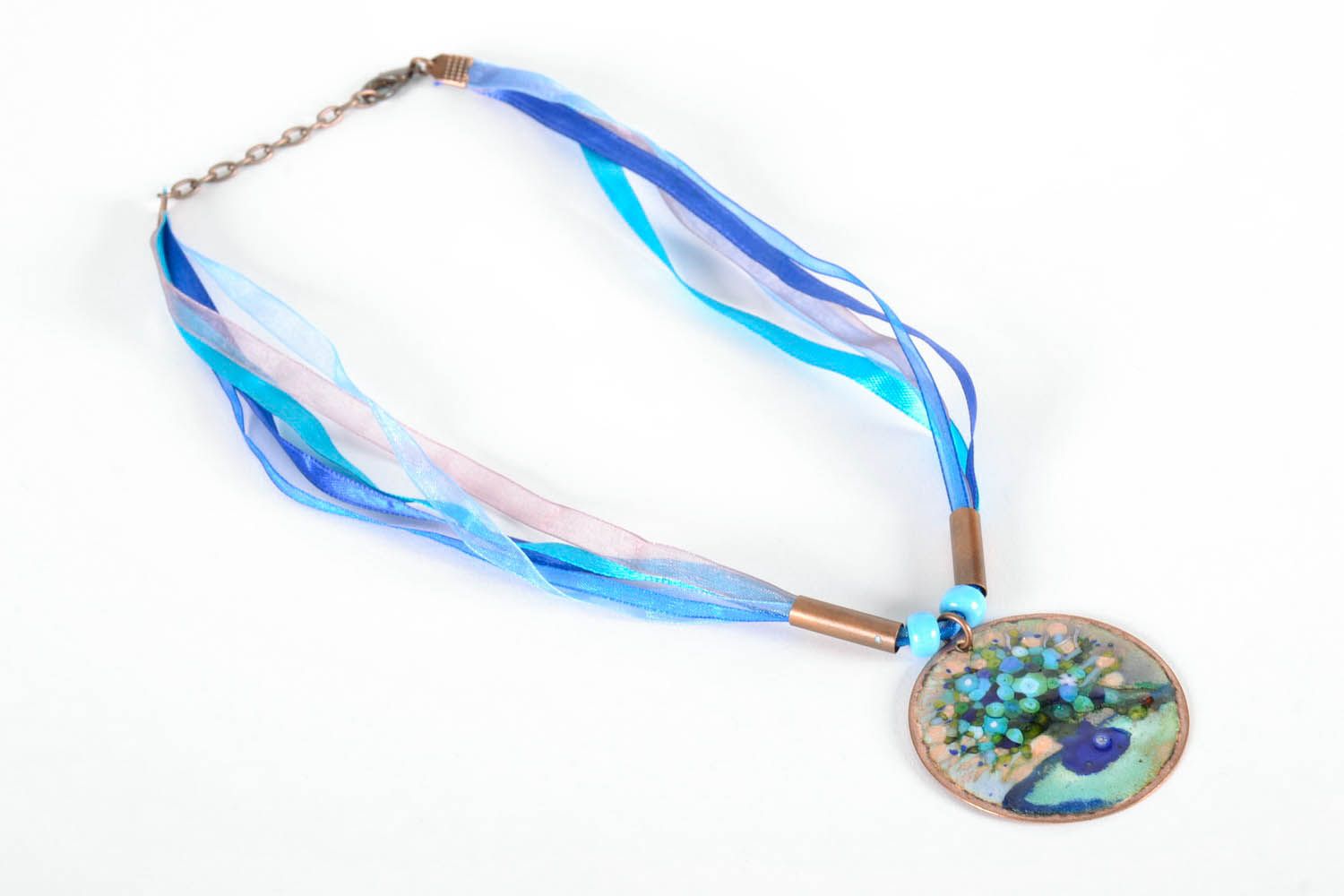 Copper pendant with enamel and ribbons photo 4