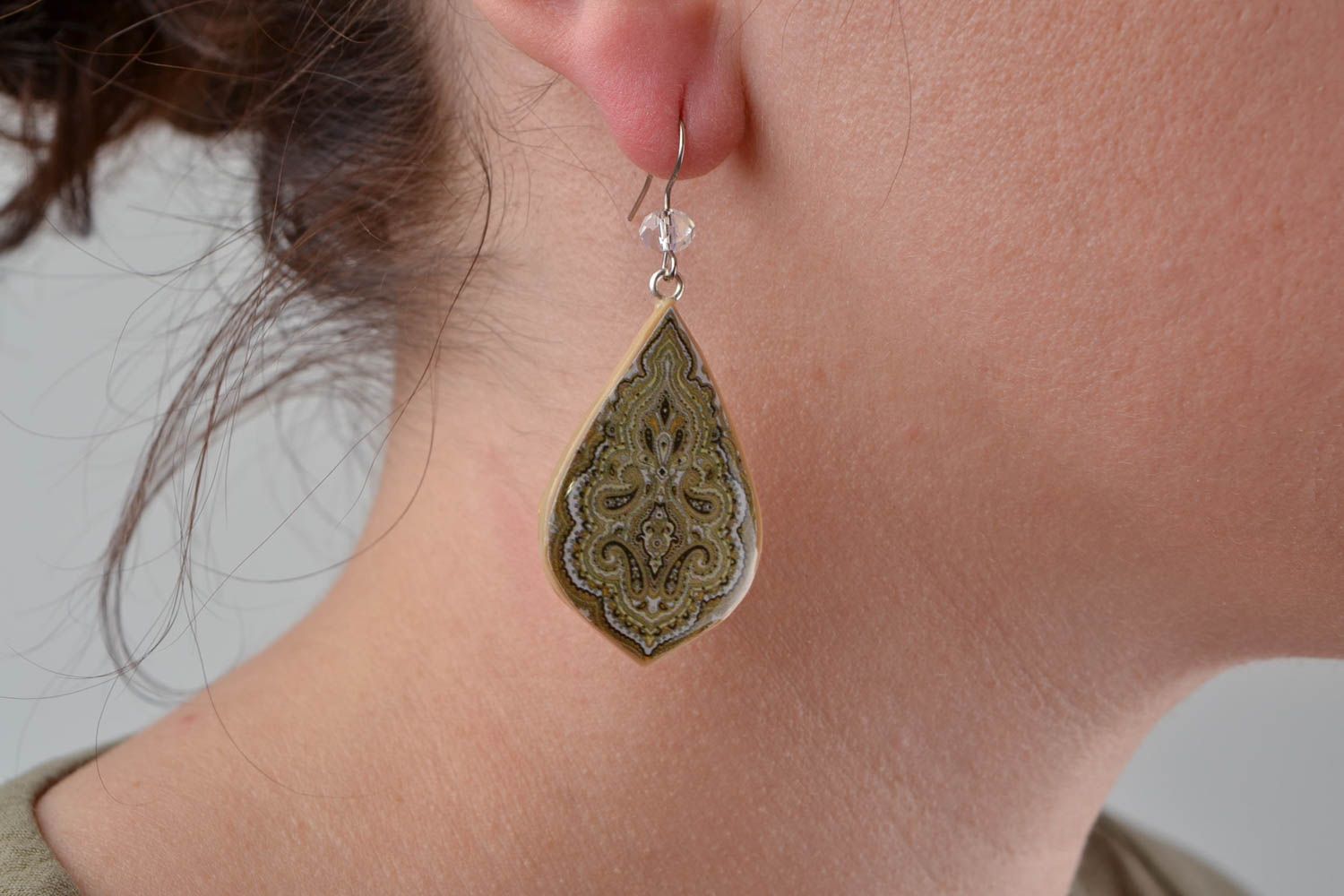 Beautiful handmade designer polymer clay earrings with decoupage Oriental style photo 2
