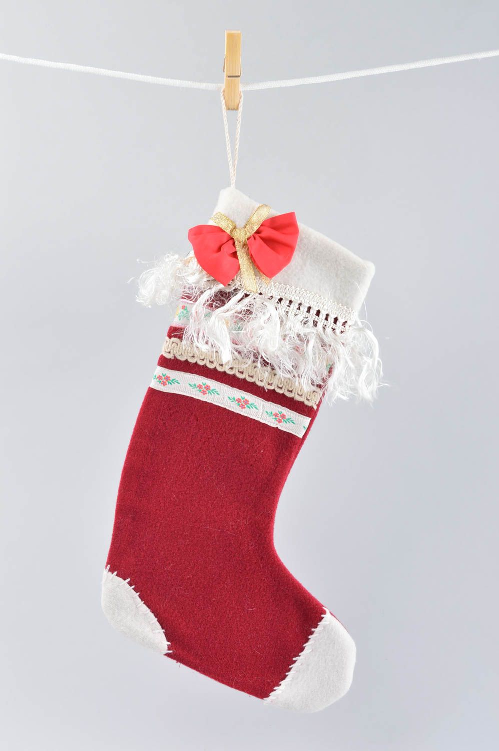 Chaussette Noël faite main Déco Noël rubans rouge tissu Décoration à suspendre photo 1