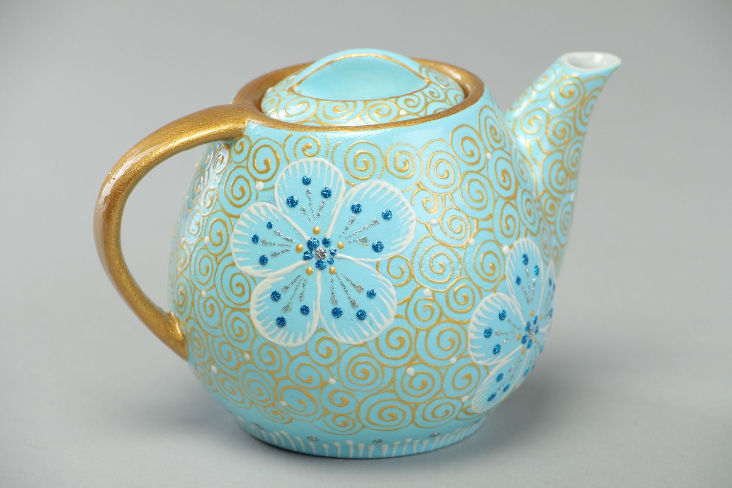 Керамический чайник расписанный акриловыми красками голубой для заваривания объемом 0.3 л фото 1