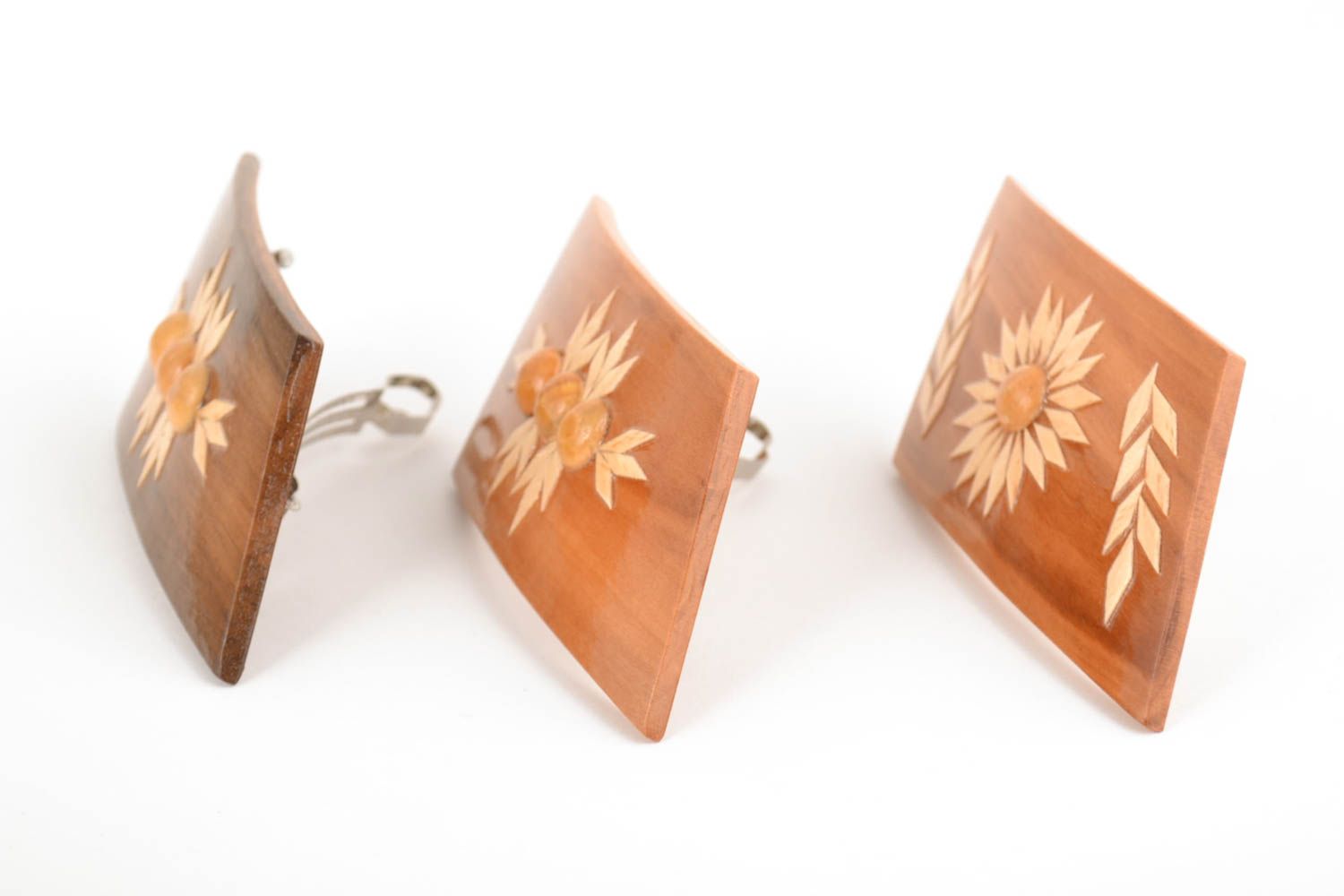 Originelle braune Damen Haarspangen aus Holz mit Muster handmade Set 3 Stück foto 4