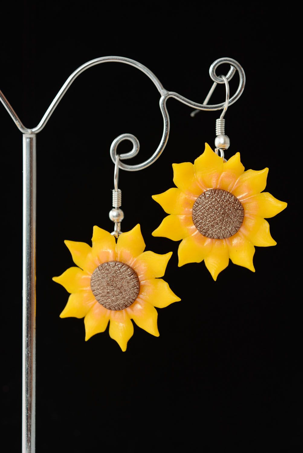 Earrings made of polymer clay Sunflowers photo 1