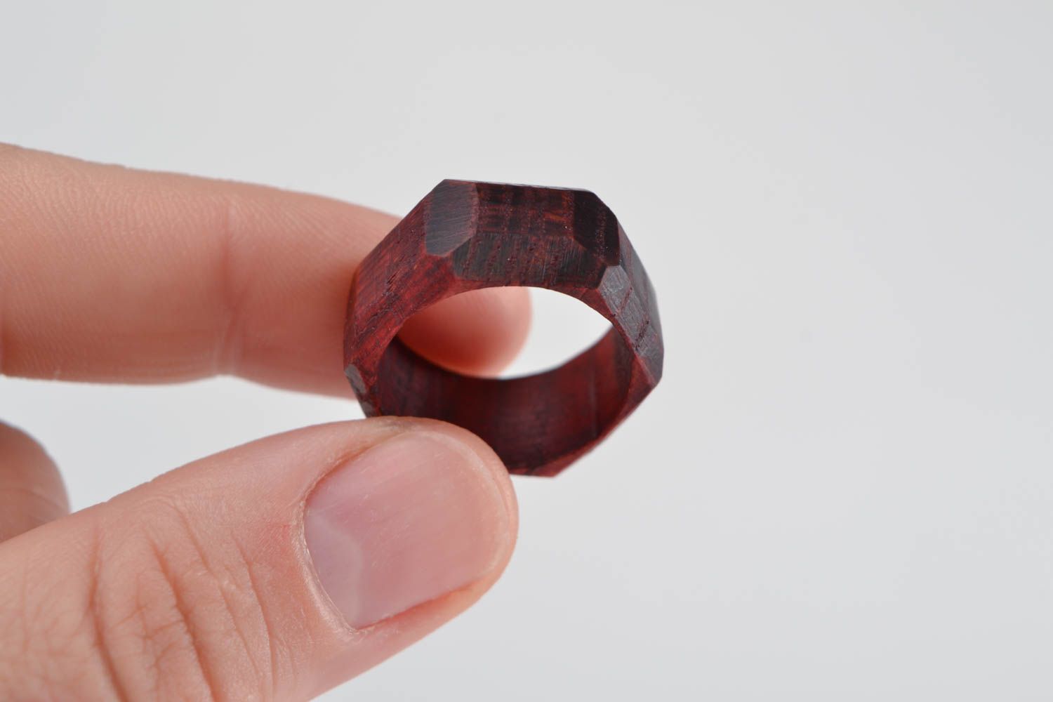 Handmade laconic designer jewelry ring carved of natural oak wood of red color photo 2