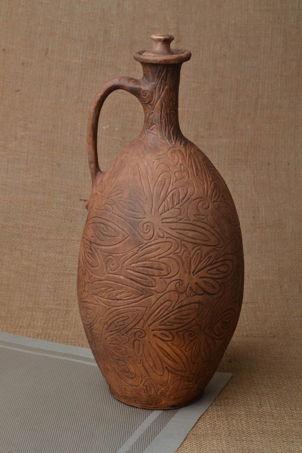 Grande bouteille en argile 8 litres faite main avec ornements marron décoration photo 1