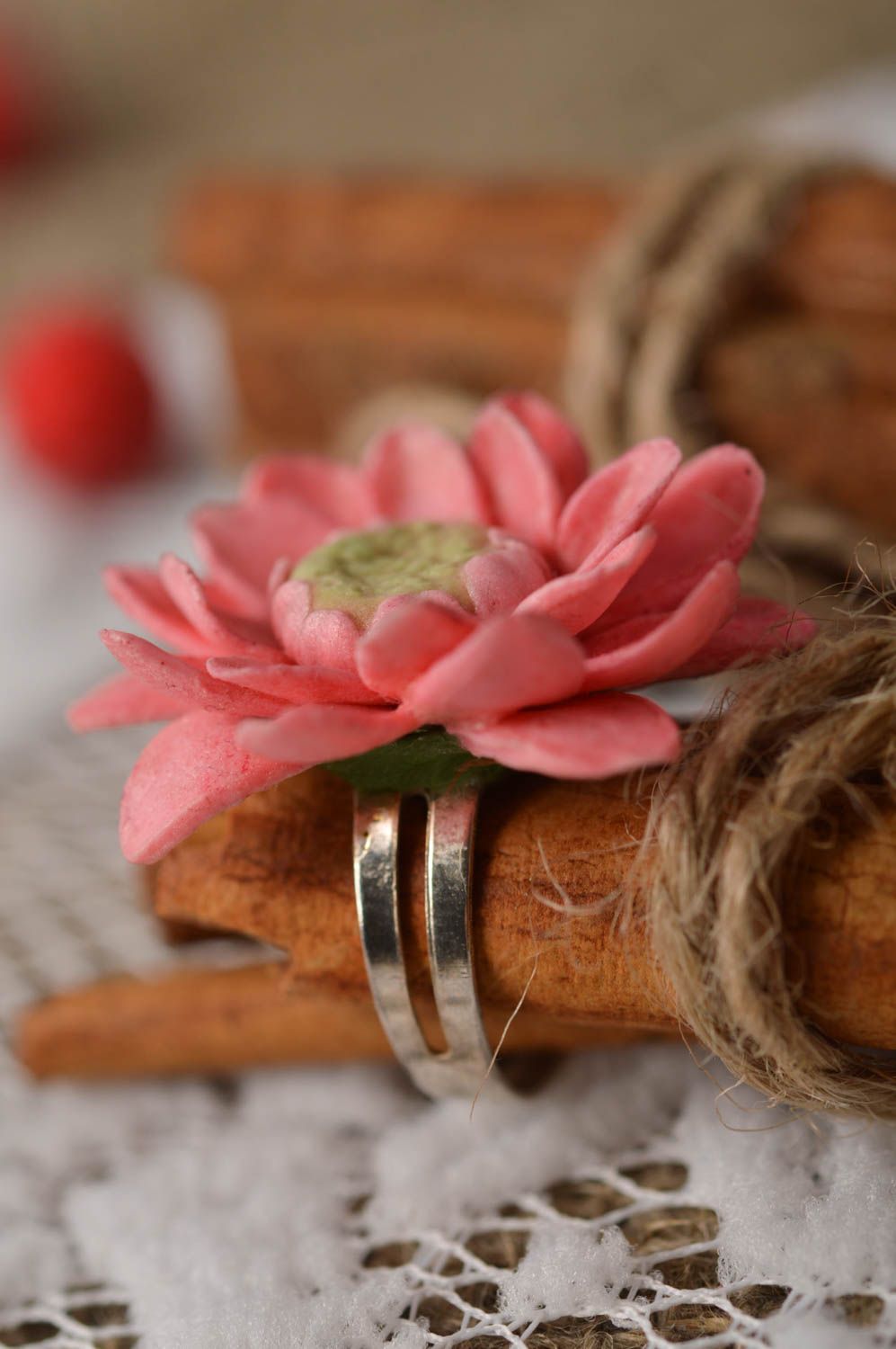 Bague fleur rose Bijou fait main pâte polymère taille réglable Cadeau femme photo 6
