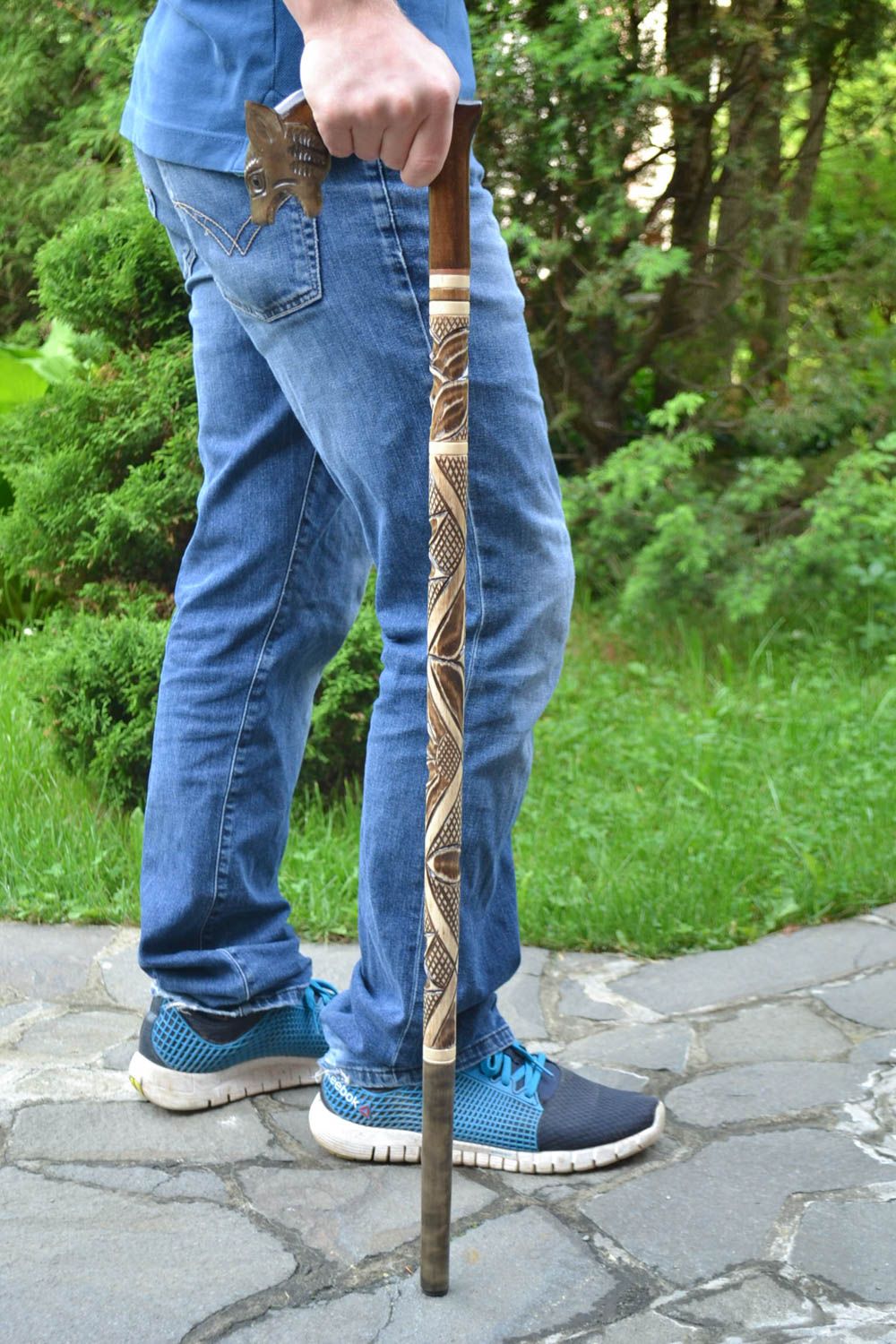 Bastón de madera artesanal con pomo con forma de cabeza de animal foto 1