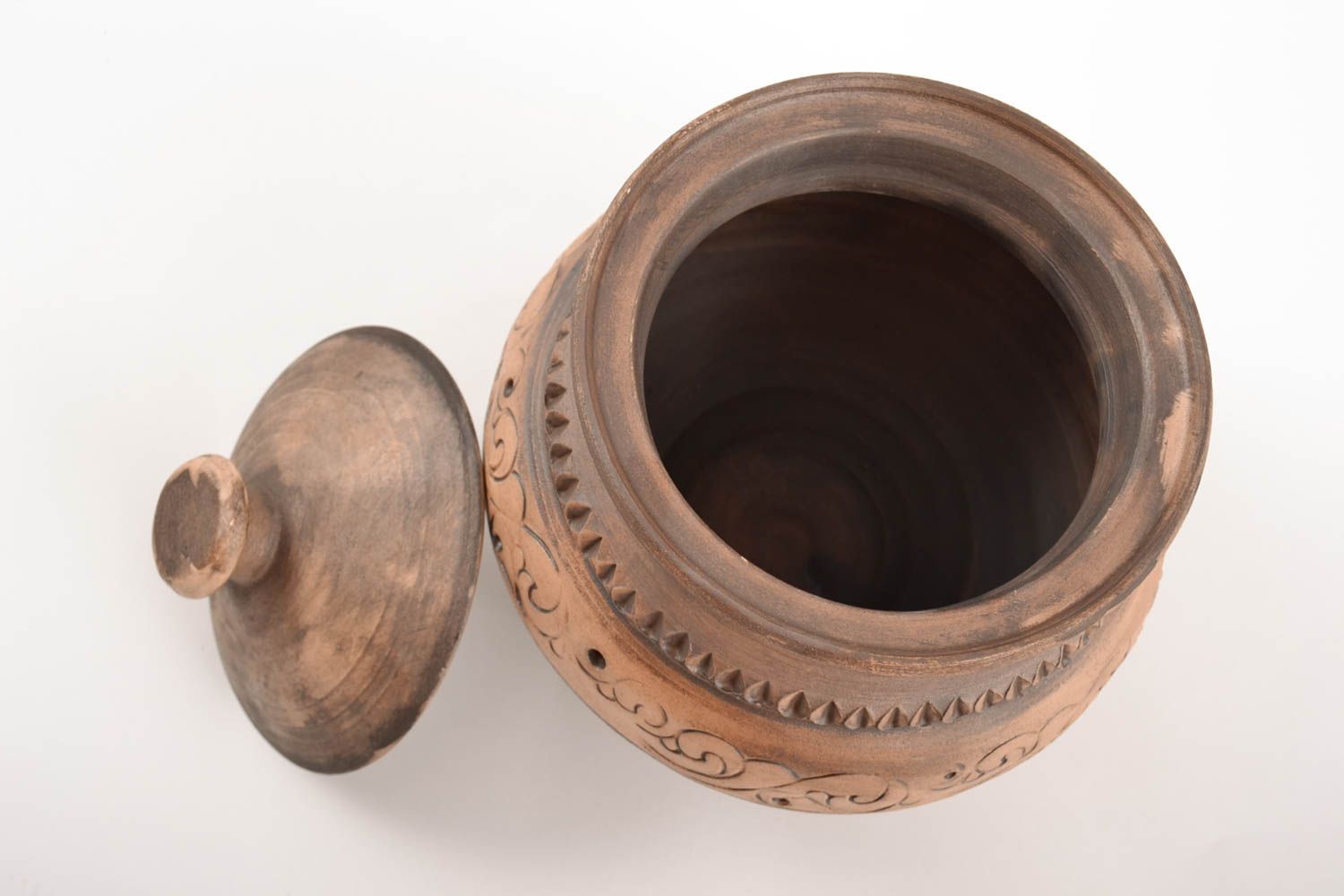 Grand pot à cuire céramique avec couvercle fait main brun original 1.5 l photo 4