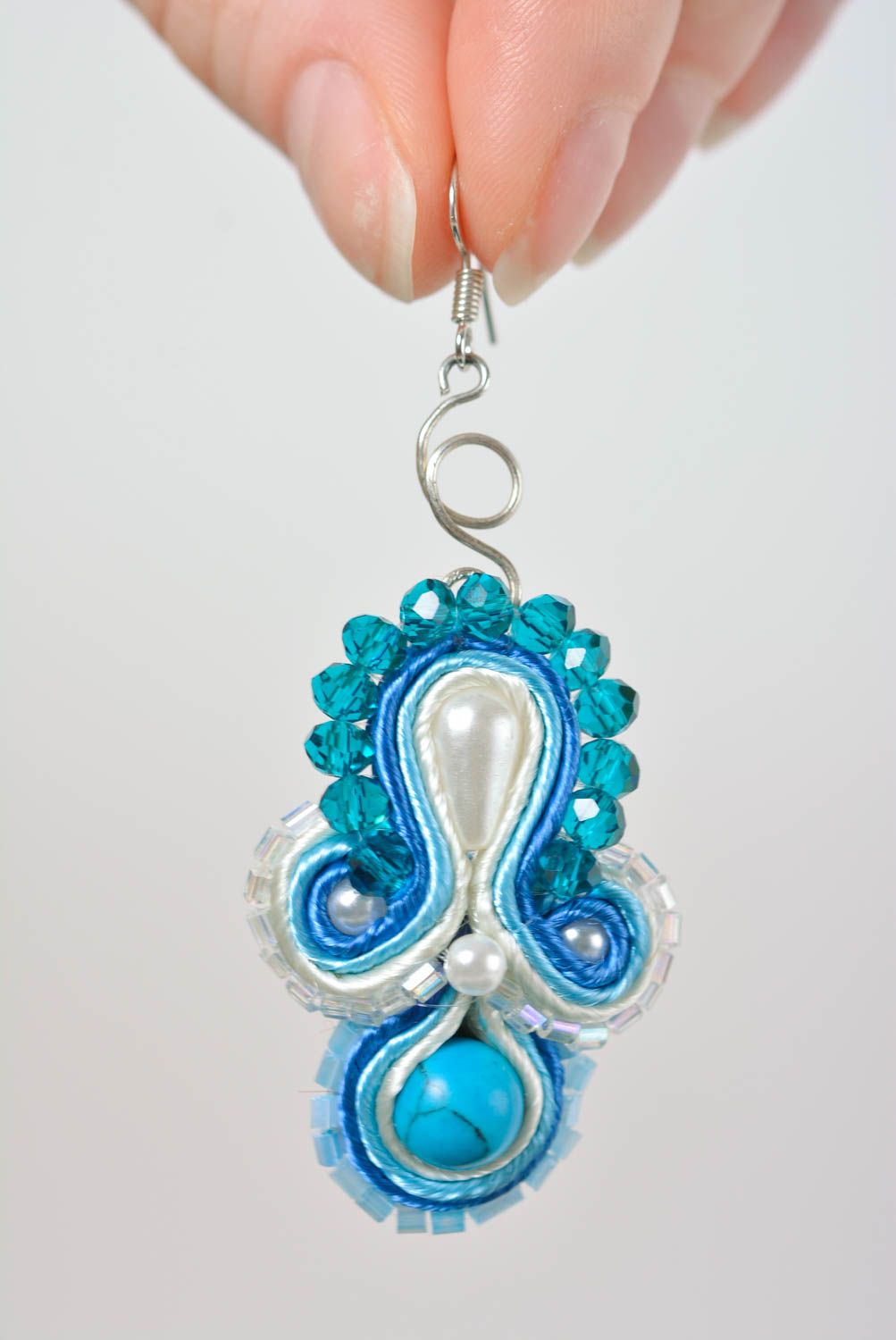 Schmuck Set handmade Halskette und Ohrringe Armband aus Stoff in Blau 3 Stück foto 5