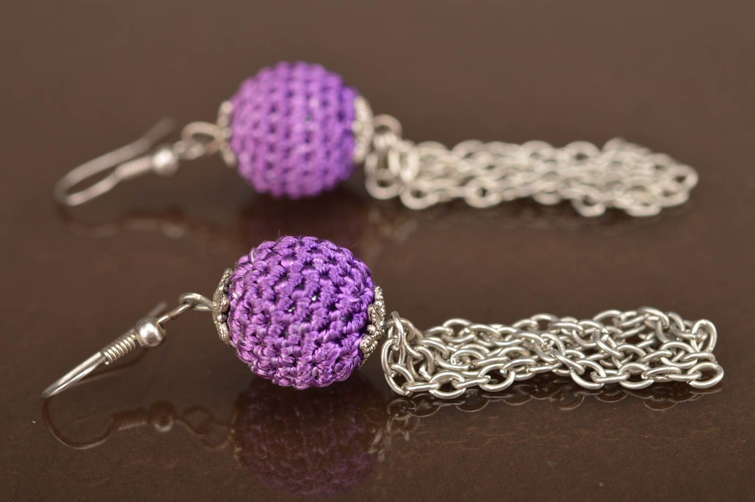 Beautiful homemade design long earrings with lilac crochet over beads and chains photo 5