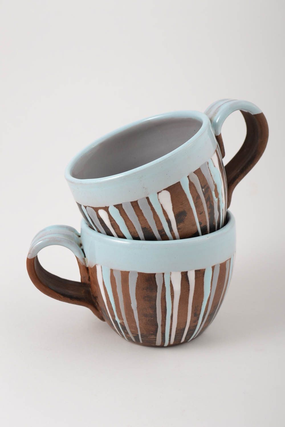 Set of 2 two handmade coffee cups with handle and blue glaze photo 2
