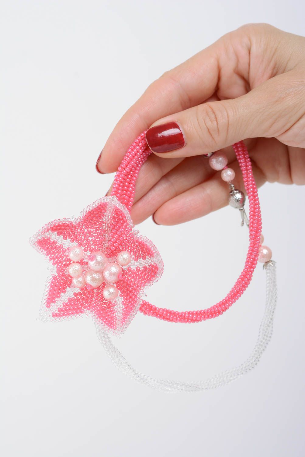 Gentle pink handmade designer women's woven beaded necklace with flower photo 4