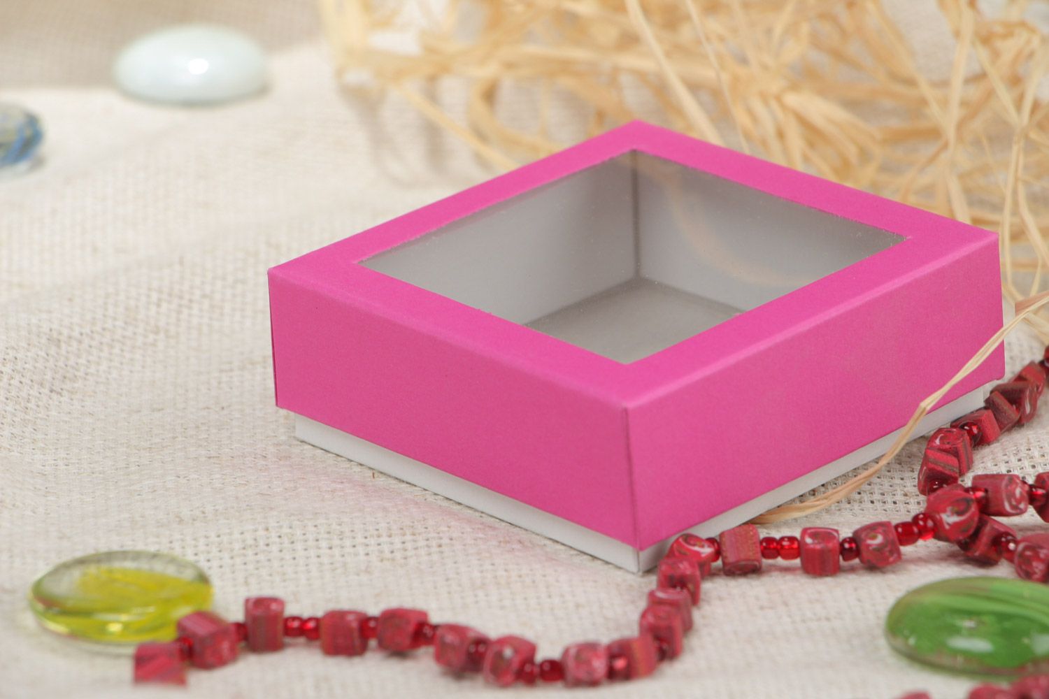 Crimson and white handmade decorative small gift box with transparent lid photo 1