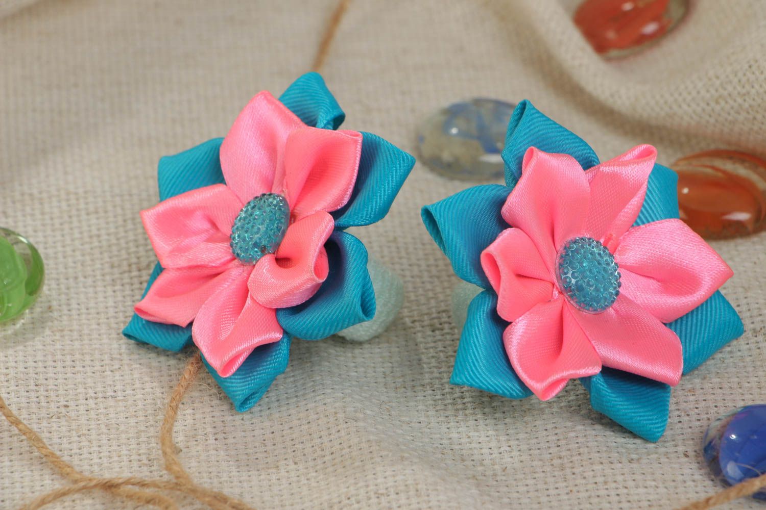 Handmade set of scrunchies made of satin ribbons pink-blue flowers 2 pieces photo 1