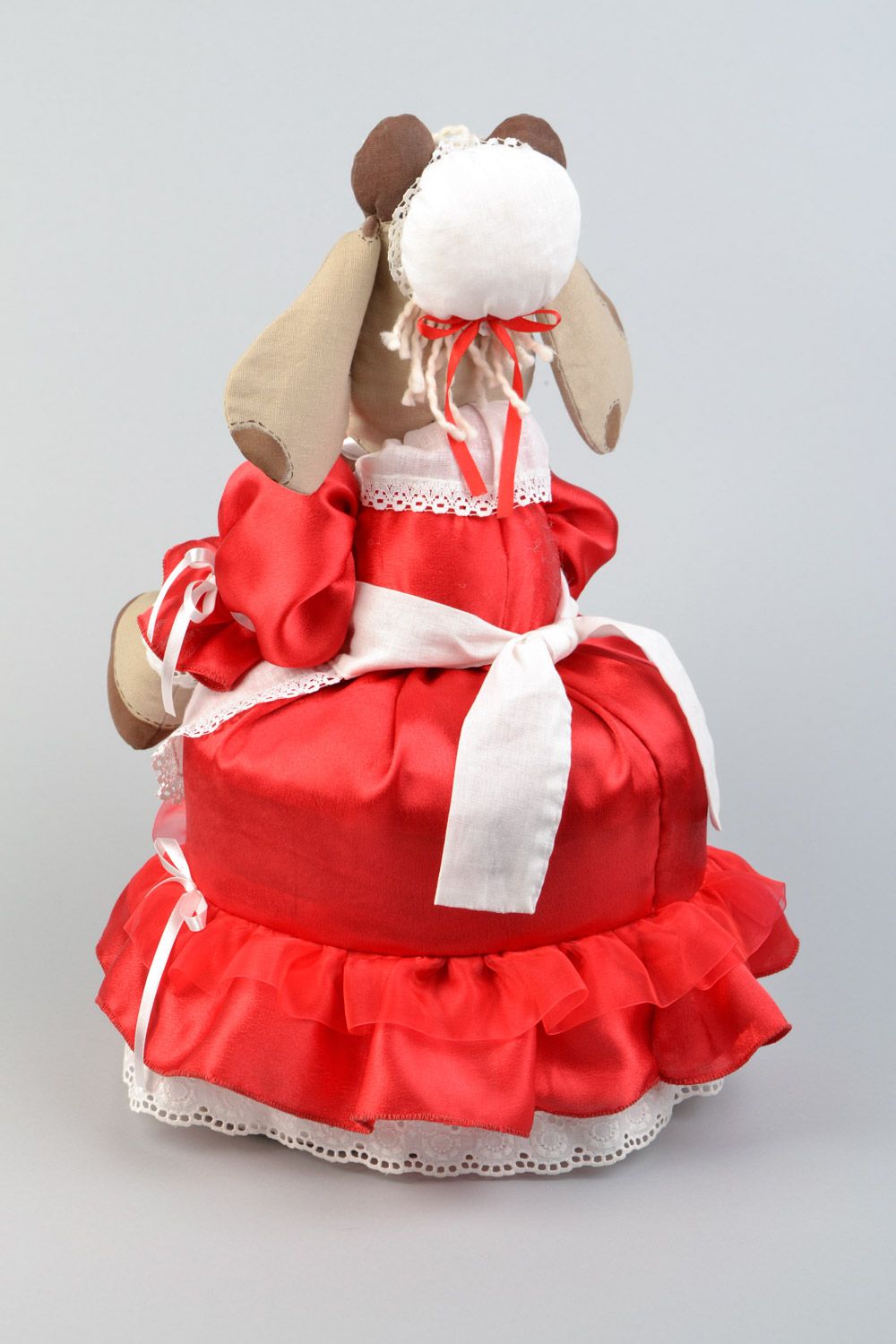 Origineller handmade Kannenwärmer aus Stoff Textil Puppe handmade in rotem Kleid Kuh foto 4