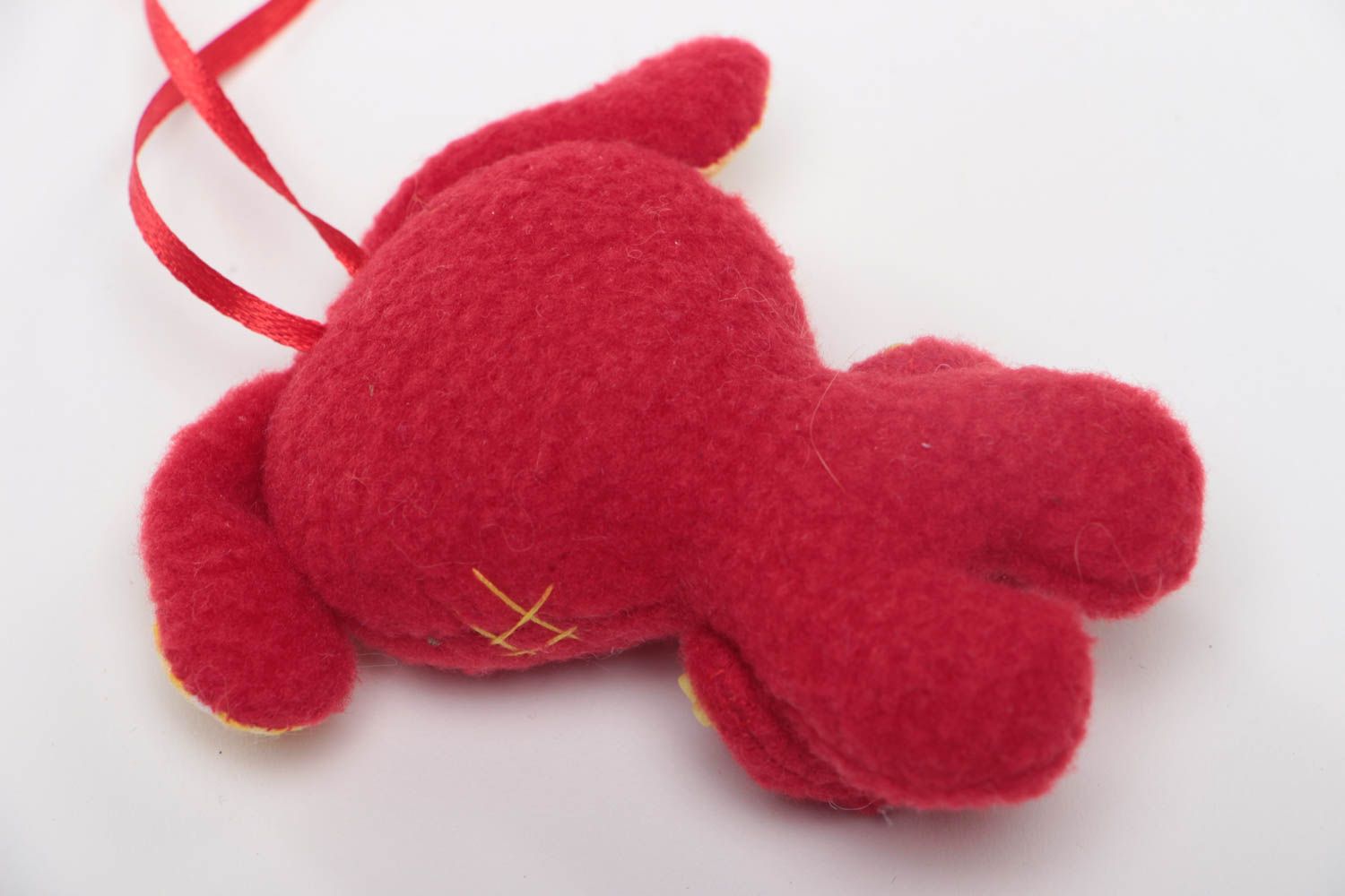 Handmade tiny soft toy red rabbit sewn of fleece with eyelet for interior  photo 4
