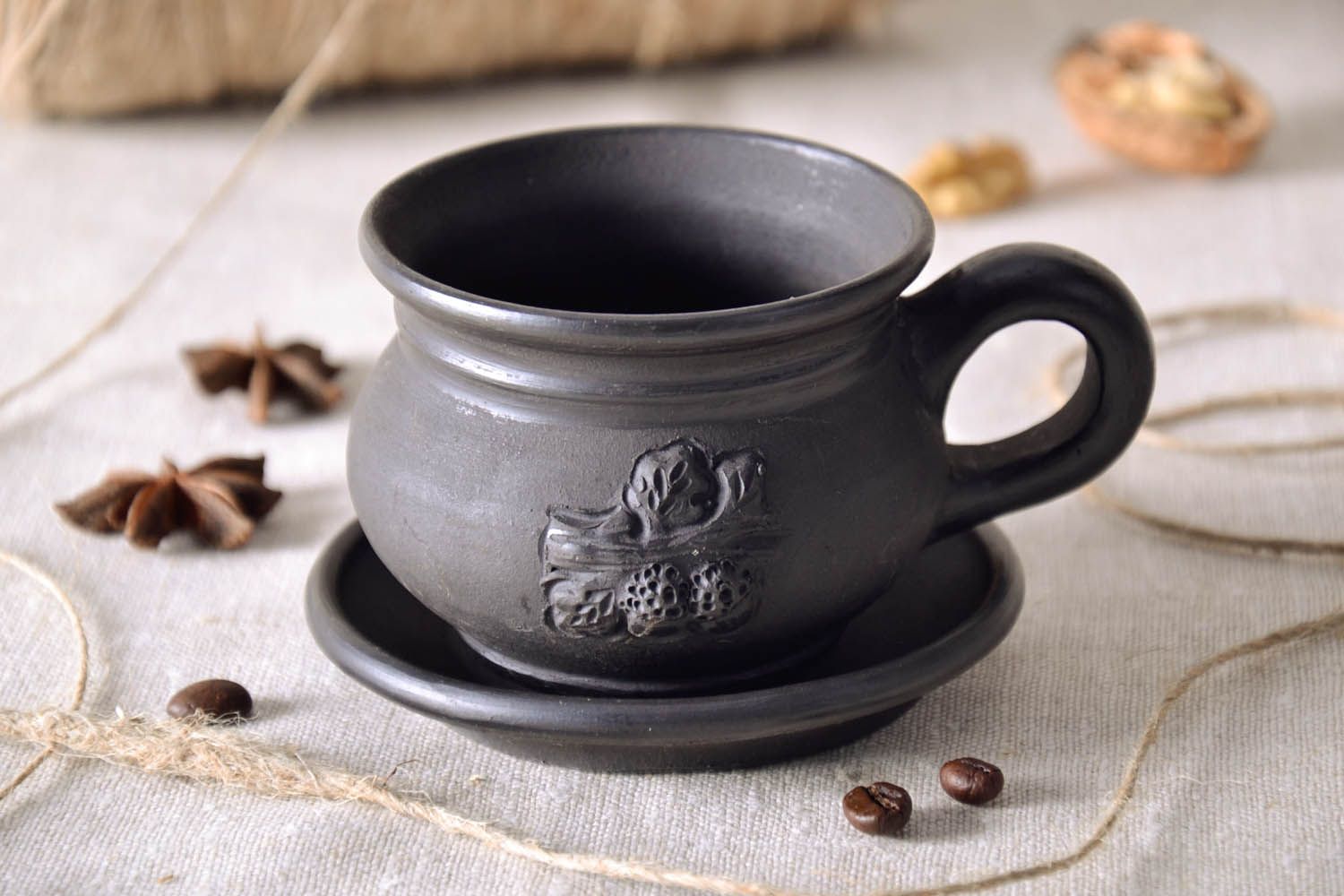 Black clay coffee cup Oak Branch with handle and saucer photo 1