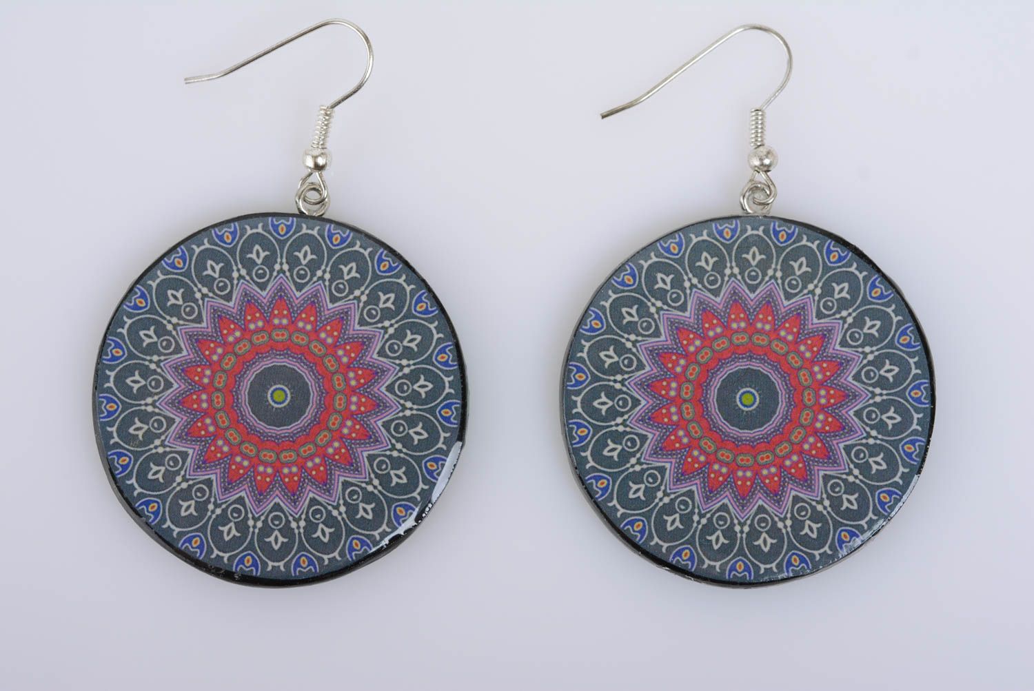Bright handmade round plastic earrings with ethnic ornament unusual design photo 5