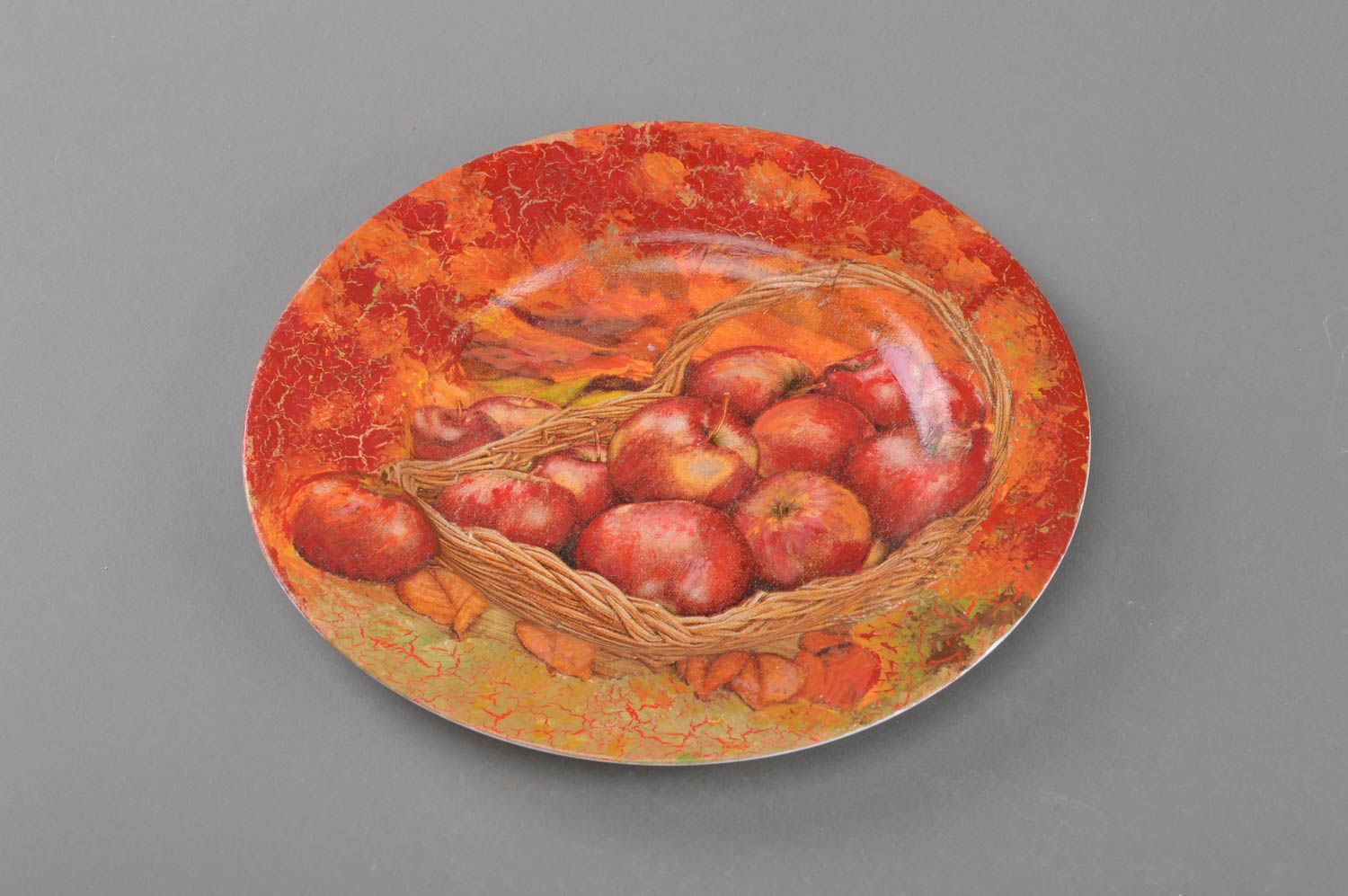 Decorative bright round glass decoupage plate handmade apples in basket photo 1