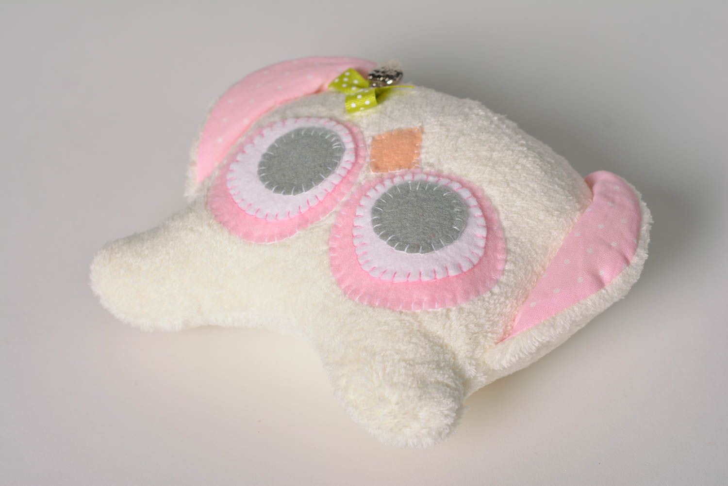 Handmade small funny soft toy sewn of fleece and cotton pink and white owl photo 5