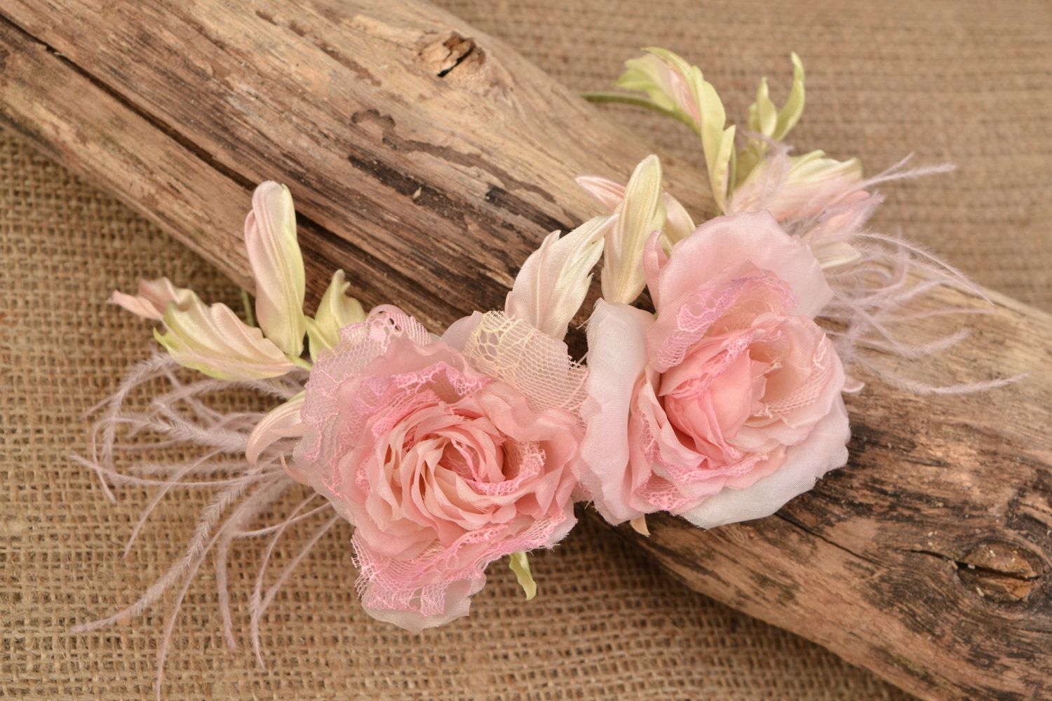 Handmade thin pink headband with volume flowers created of Japanese silk photo 1