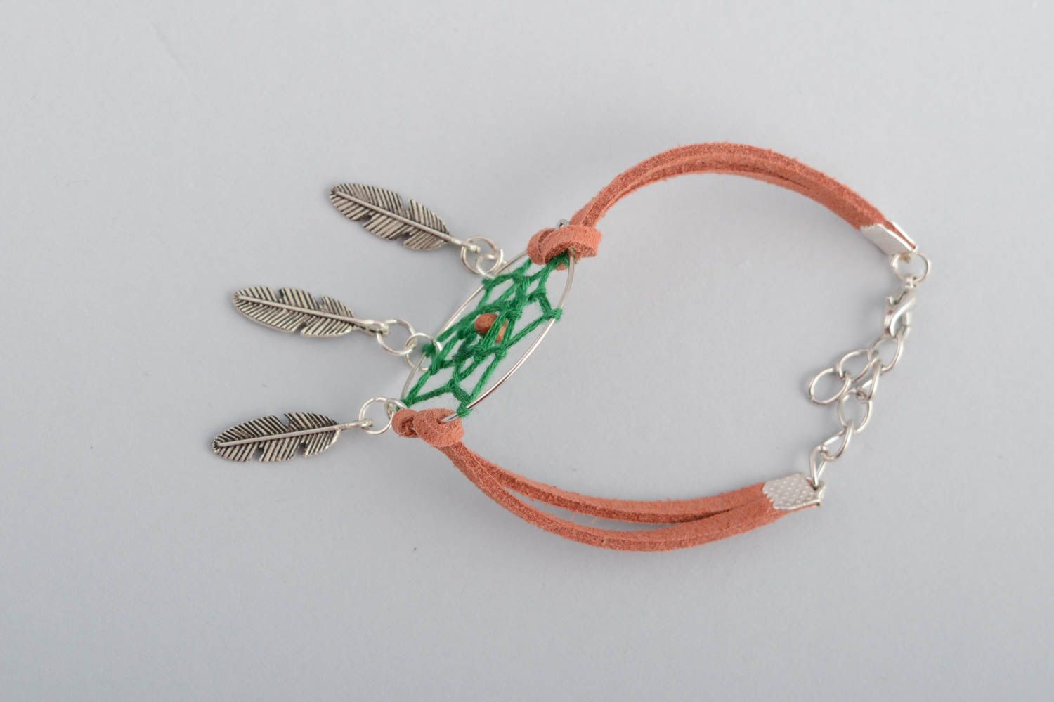 Handmade talisman bracelet with charms in shape of feathers Dreamcatcher photo 4