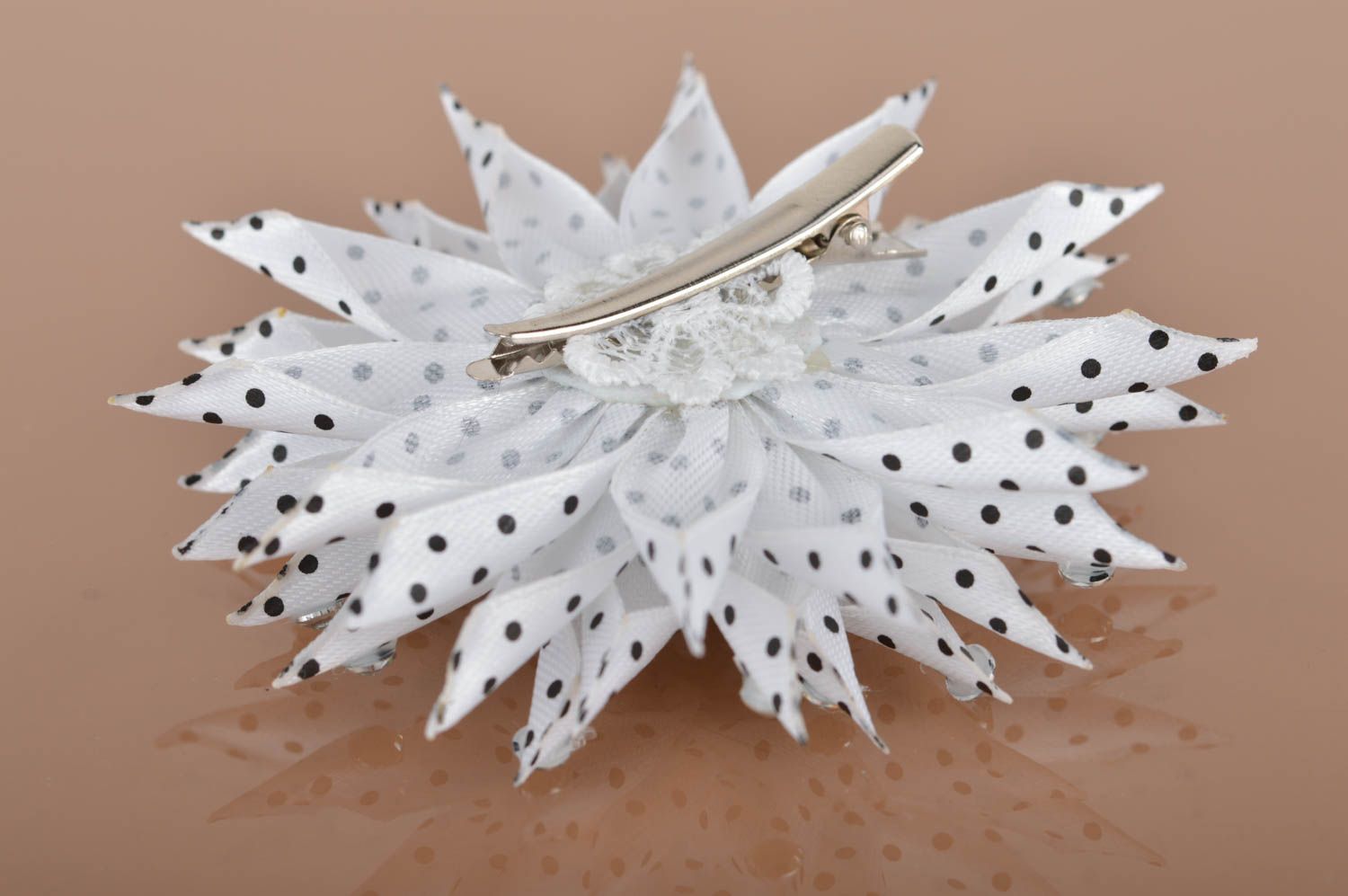 Handmade designer hair clip with black and white polka dot satin flower kanzashi photo 5