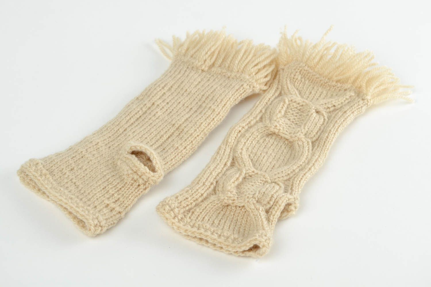 Mitaines tricot fait main Gants mitaines laine acrylique beige Accessoire femme photo 3