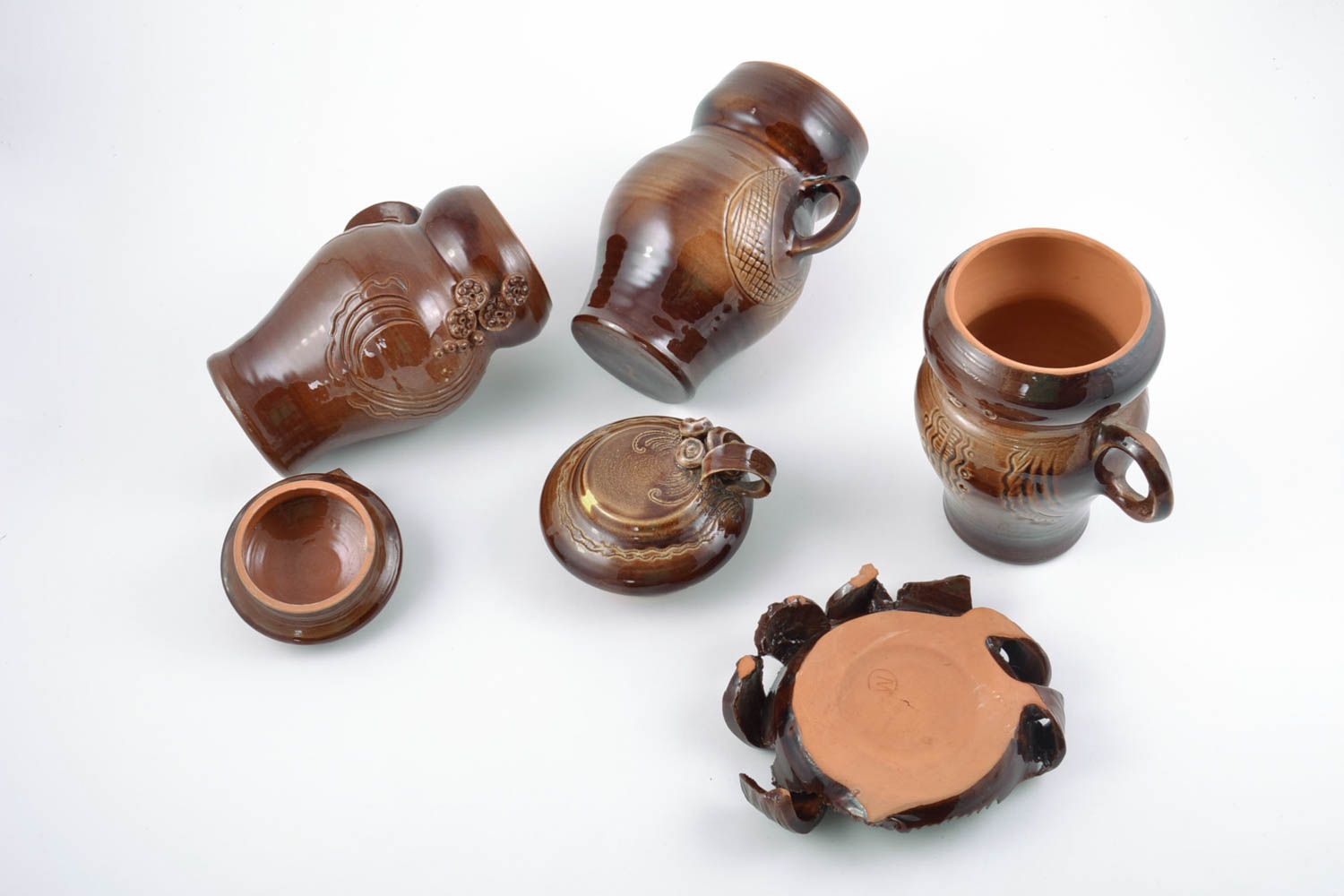 Set de pots à épices faits main terre cuite couverts de glaçure bruns 3 pièces photo 5