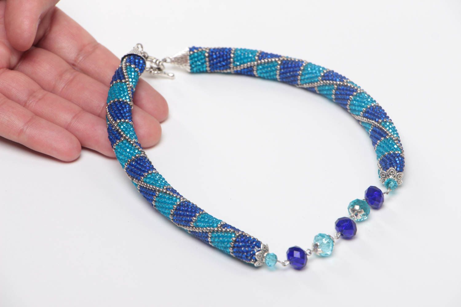 Handmade stylish beaded cord necklace in blue color palette with faceted beads photo 5